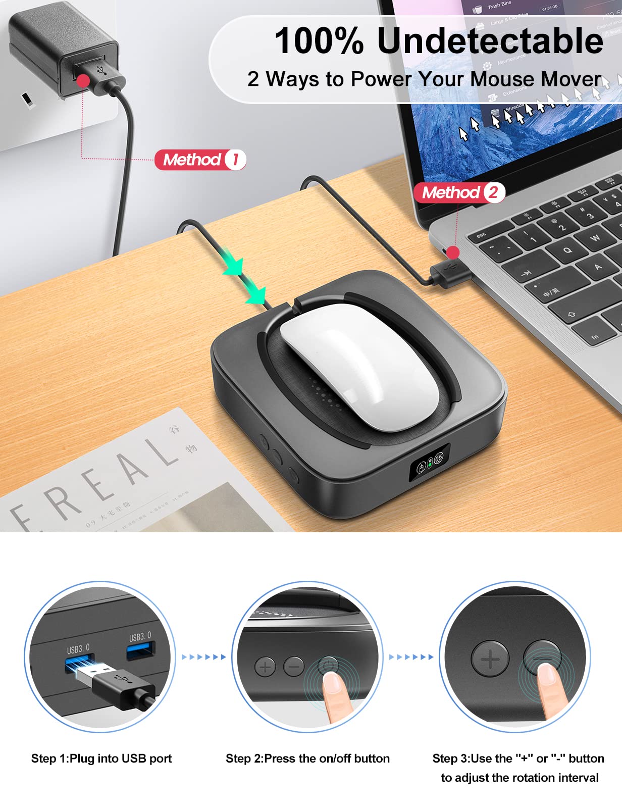 Meatanty Mouse Jiggler with Power Adapter - Silent Undetectable Mouse Mover for Computer & Laptop - Automatic Mechanical Mouse Shaker with Adjustable Timer - Prevent Sleep Mode for Remote Work, Online Meetings & Office Tasks