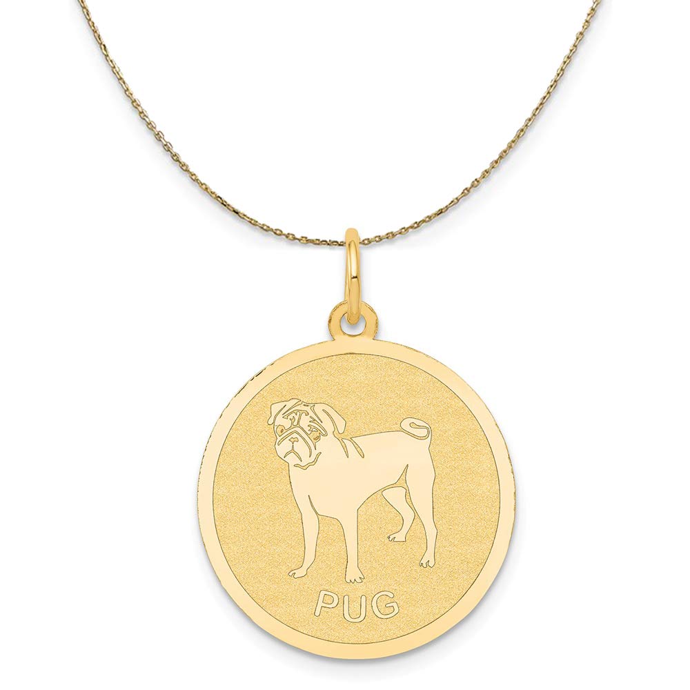 14k Yellow Gold Laser Etched Pug Disc Necklace - 19mm Black Bow Design, Perfect for Dog Lovers & Unique Gifts