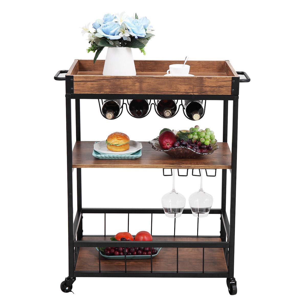 3-Tier Rolling Bar Cart with Wine Rack & Removable Top Box - Mobile Kitchen Island Serving Cart with Lockable Casters for Home, Party & Entertaining | Perfect for Small Spaces, Dining Rooms & Outdoor Gatherings
