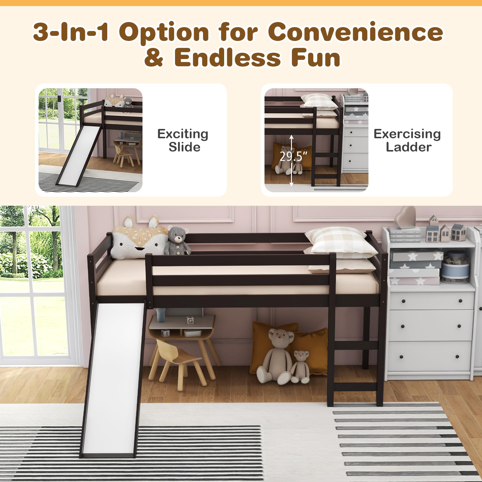 Giantex Twin Loft Bed with Slide - Wooden Low Loft Bed for Kids & Toddlers - Twin Bed Frame with Climbing Ladder & Storage - No Box Spring Needed - Espresso Finish - Perfect for Small Bedrooms, Playrooms & Kids' Sleepovers
