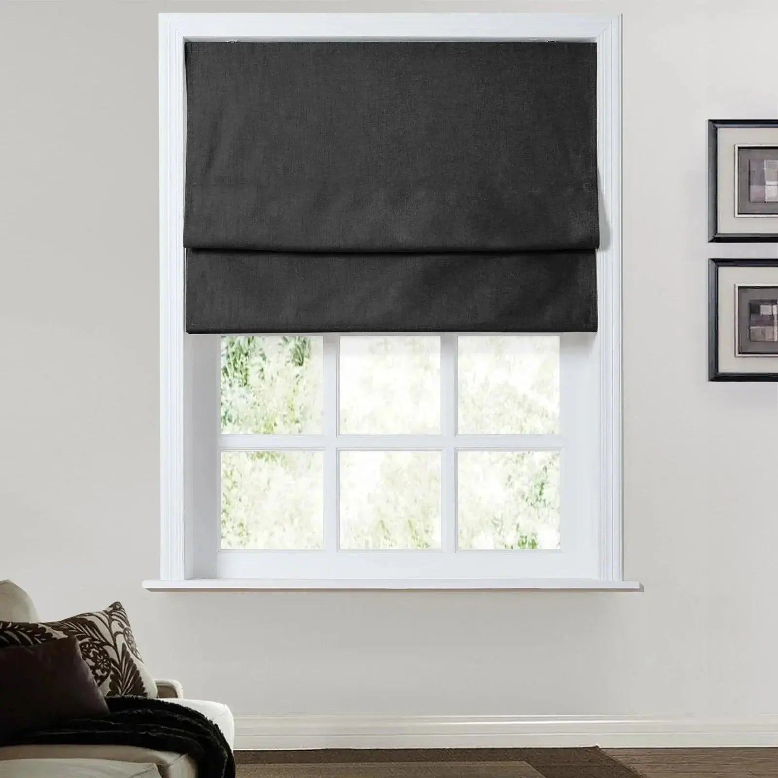 Birkin Velvet Roman Shade - Cordless Window Treatment with Wooden Headrail for Living Room & Bedroom Blackout