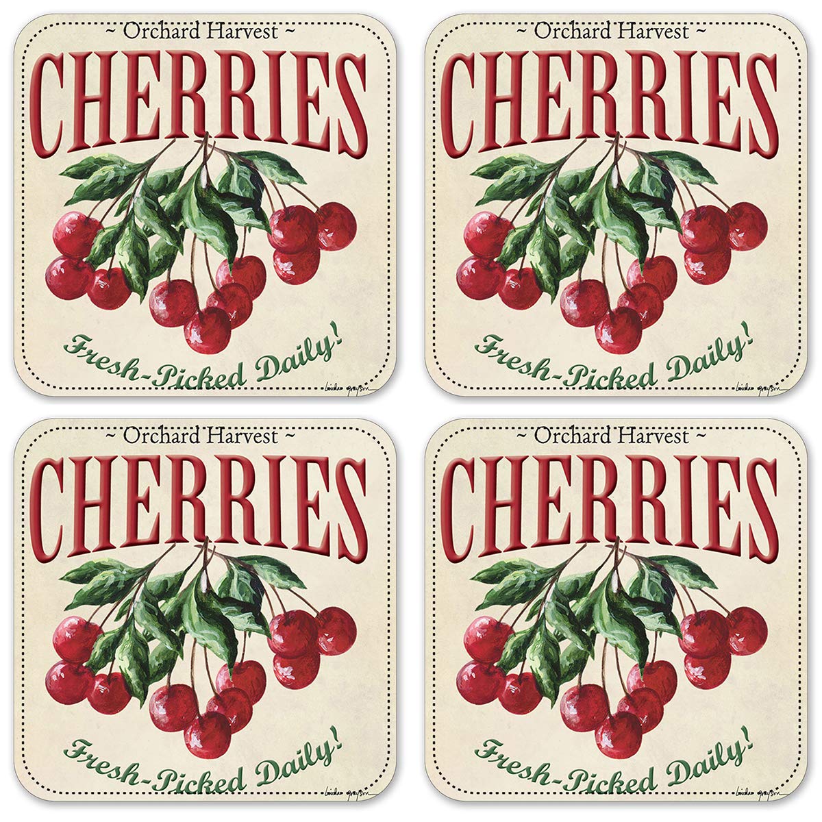 Cherry-Themed Vinyl Drink Coasters Set of 4 - Non-Slip Absorbent Coasters for Coffee, Beer, and Wine - Perfect for Home, Office, and Party Use