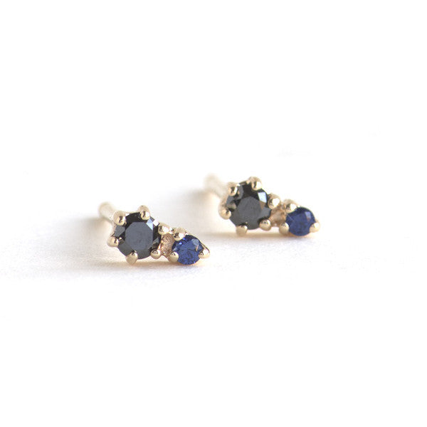 Black Diamond and Sapphire Duo Stud Earrings for Women - 14K Gold Plated Elegant Jewelry Gift for Anniversary, Wedding & Special Occasions