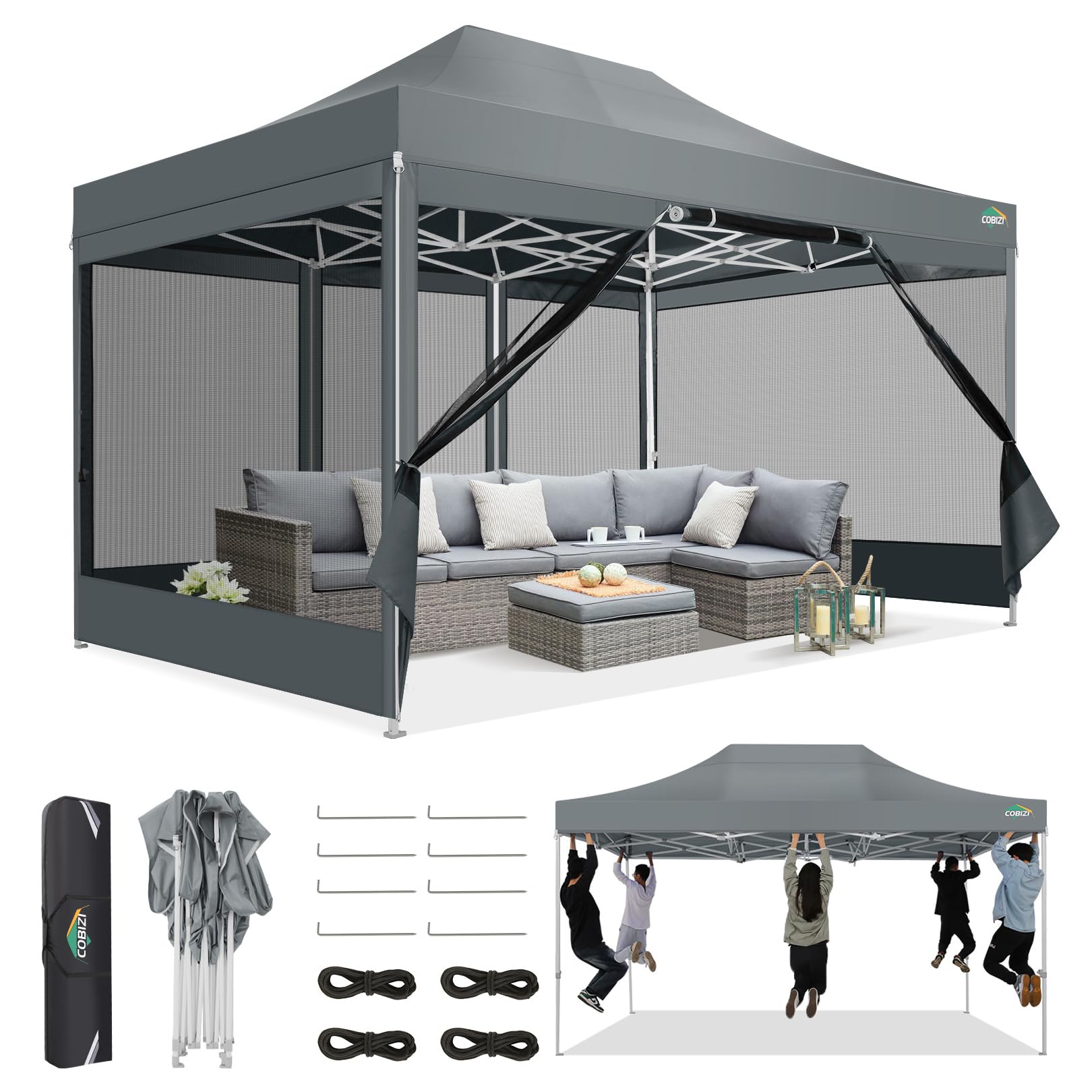 COBIZI 10x15 Heavy Duty Pop Up Canopy Tent with Waterproof Sidewalls & Mosquito Net - Easy Setup Instant Shelter for Outdoor Parties, Weddings, Backyard Events - Includes Carry Bag (Gray) | Perfect for Picnics, Camping, Farmers Markets & Tailgating