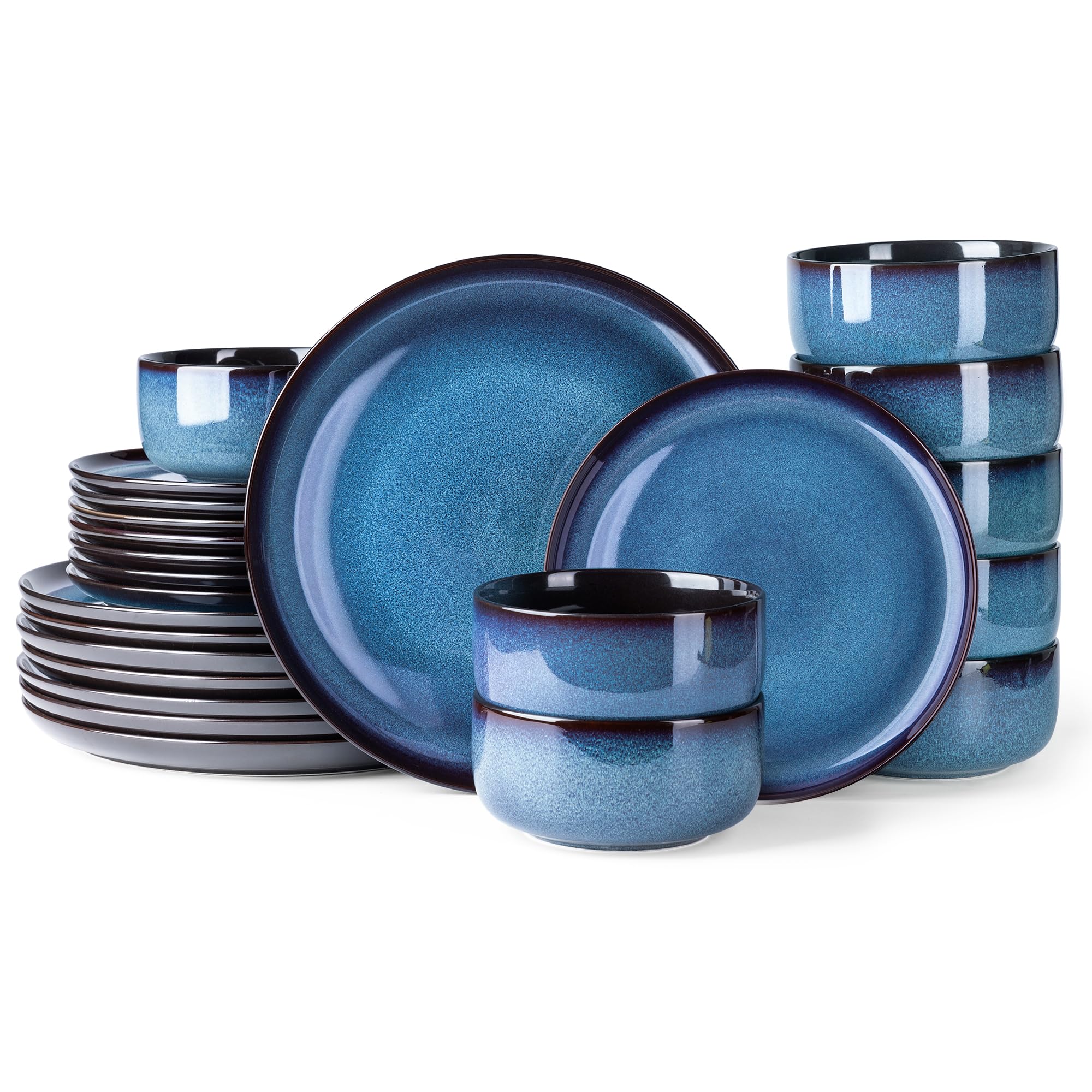 LERATIO 24-Piece Ceramic Dinnerware Set for 8 - Stoneware Plates & Bowls with Reactive Glaze | Chip & Crack Resistant | Dishwasher, Microwave & Oven Safe | Perfect for Family Dinners, Entertaining & Restaurant Use - Blue