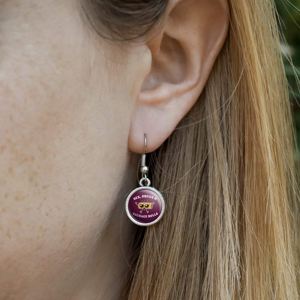 Funny Novelty Drop Charm Earrings - Sex Drugs and Sausage Rolls Humor Design | Perfect for Parties, Gifts & Everyday Wear