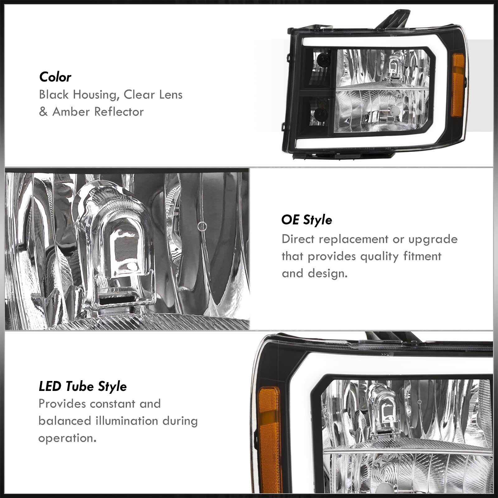 LED DRL Headlights for GMC Sierra 2007-2014 - Black Housing, Amber Reflectors - Upgrade Your Truck Lighting