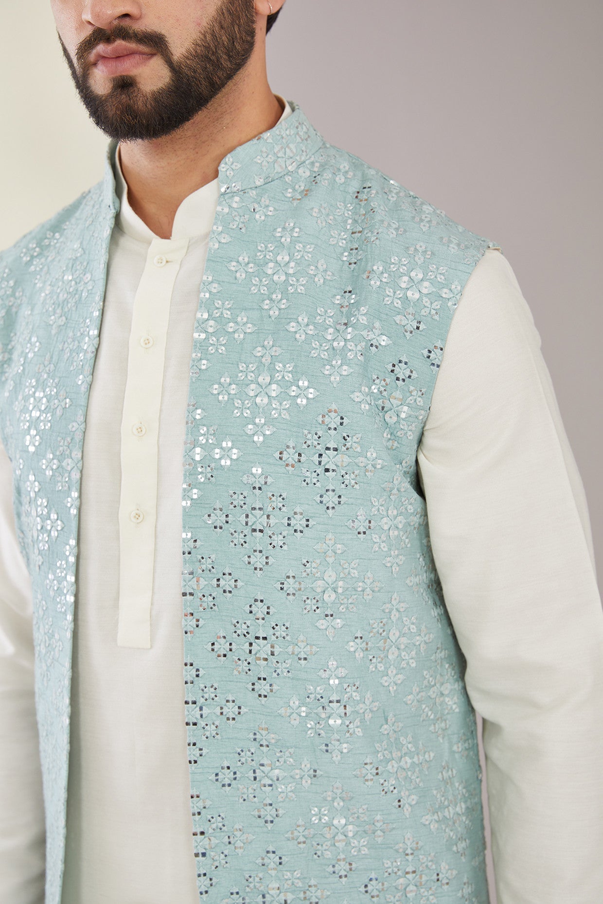 Pastel Blue Mirrorwork Shrug - Elegant Embroidered Bolero for Women | Perfect for Weddings, Parties & Special Occasions