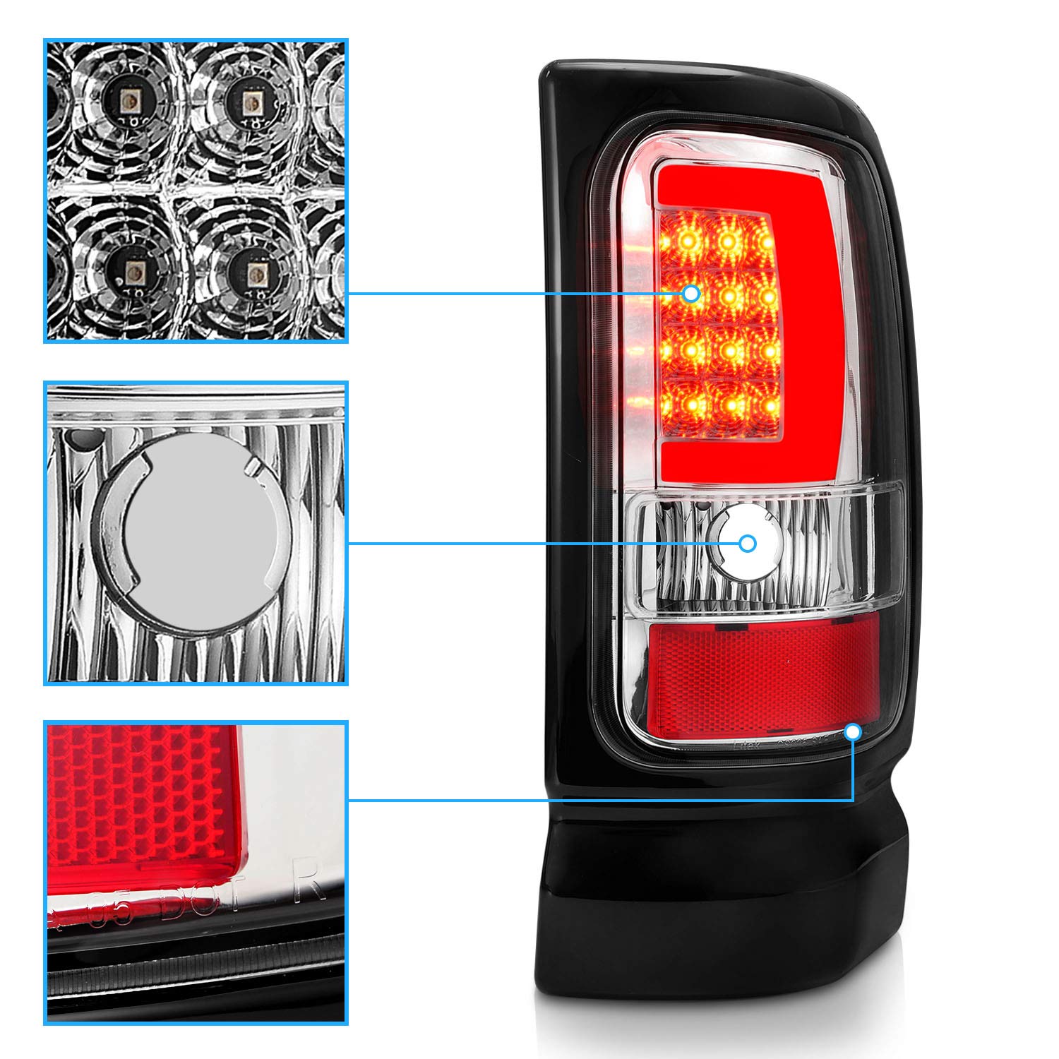 1994-2001 Dodge Ram 1500/2500/3500 Truck Chrome C-Bar LED Tail Lights - Pair (Left & Right) for Enhanced Visibility & Style - Perfect for Night Driving & Custom Truck Upgrades