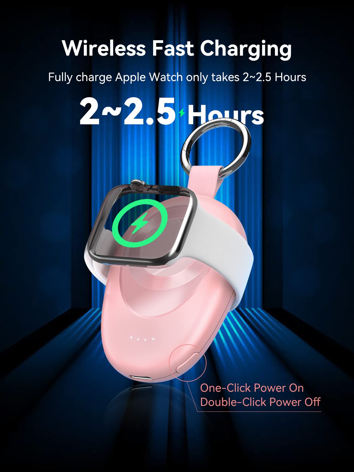GagaKing Portable Magnetic Charger for Apple Watch Series 10/9/8/7/6/5/4/3/2/SE/Ultra 2/Ultra - 1400mAh Fast Charging Power Bank with Keychain - Pink | Perfect for Travel, Gym & Outdoor Activities