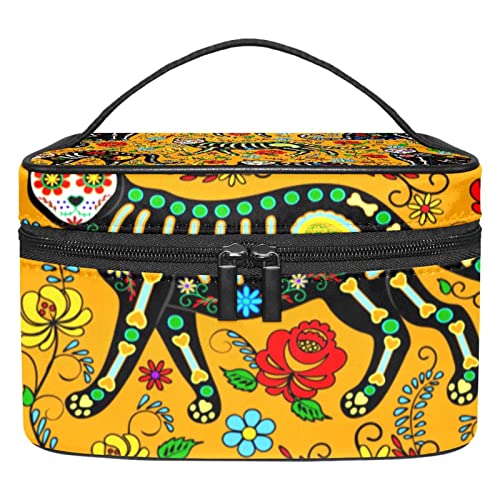 Large Travel Makeup Bag - Portable Cosmetic Train Case Organizer for Women & Girls | Sugar Skull Black Cat Design | Perfect for Travel, Gym & Daily Storage of Brushes & Toiletries