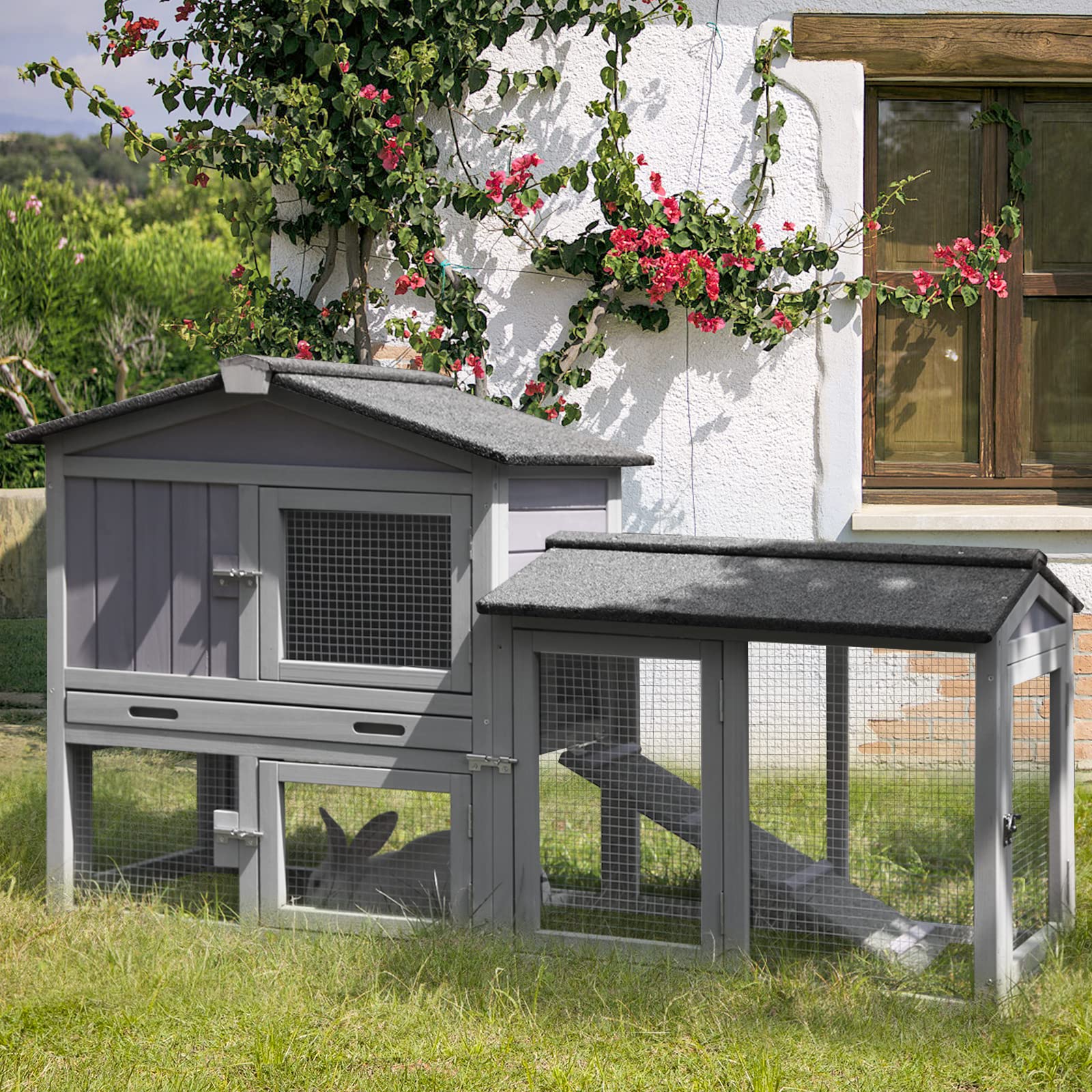 57 Inch Wooden Rabbit Hutch with Pull-Out Tray & Large Run - Indoor/Outdoor Bunny Cage, Guinea Pig House & Chicken Coop - Perfect for Backyard, Garden or Patio Use (Grey, 57