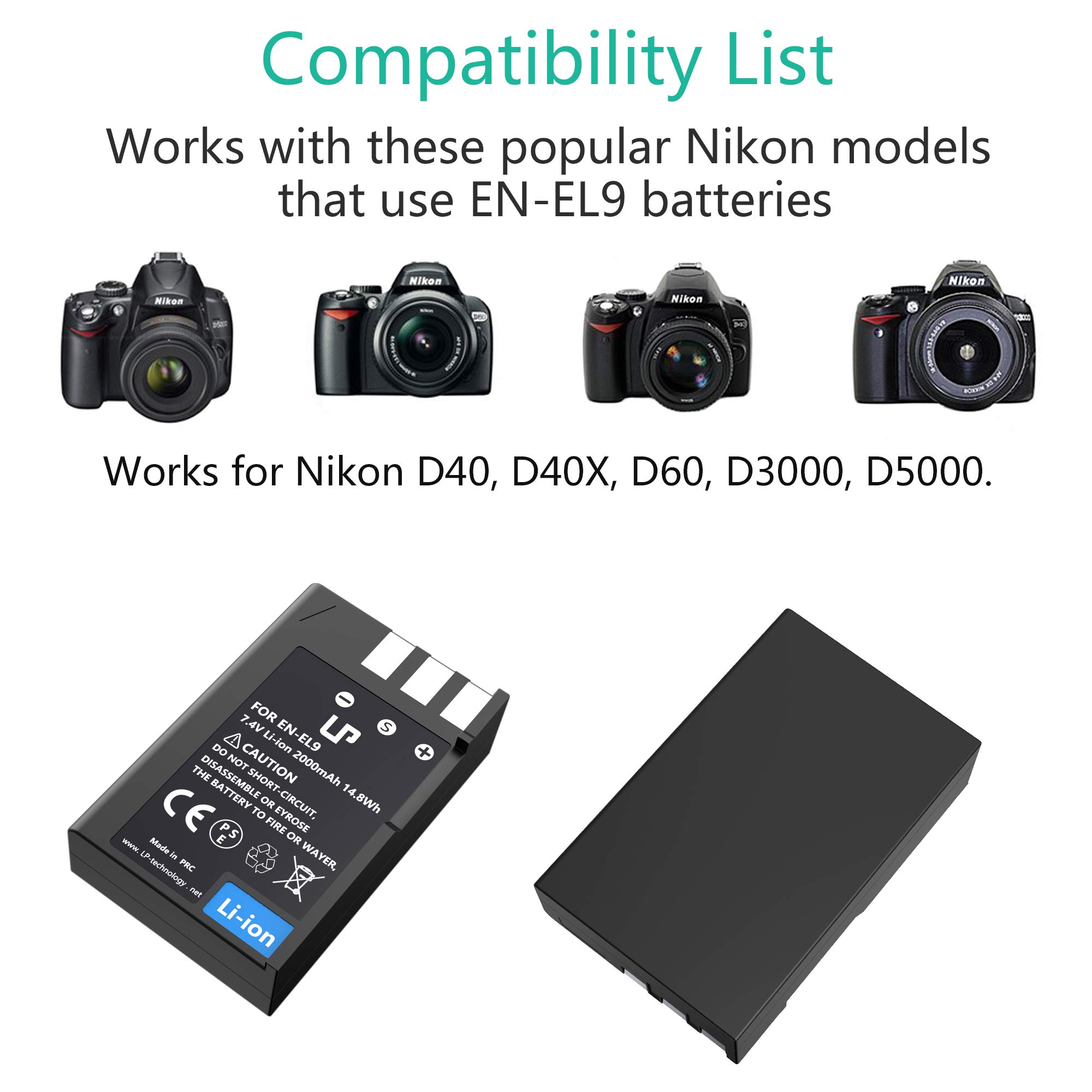 LP EN-EL9/EN-EL9a Replacement Battery 2000mAh - Compatible with Nikon D40/D40X/D60/D3000/D5000 Digital Cameras & MH-23 Charger - High Capacity Camera Battery for Travel Photography & Professional Shooting
