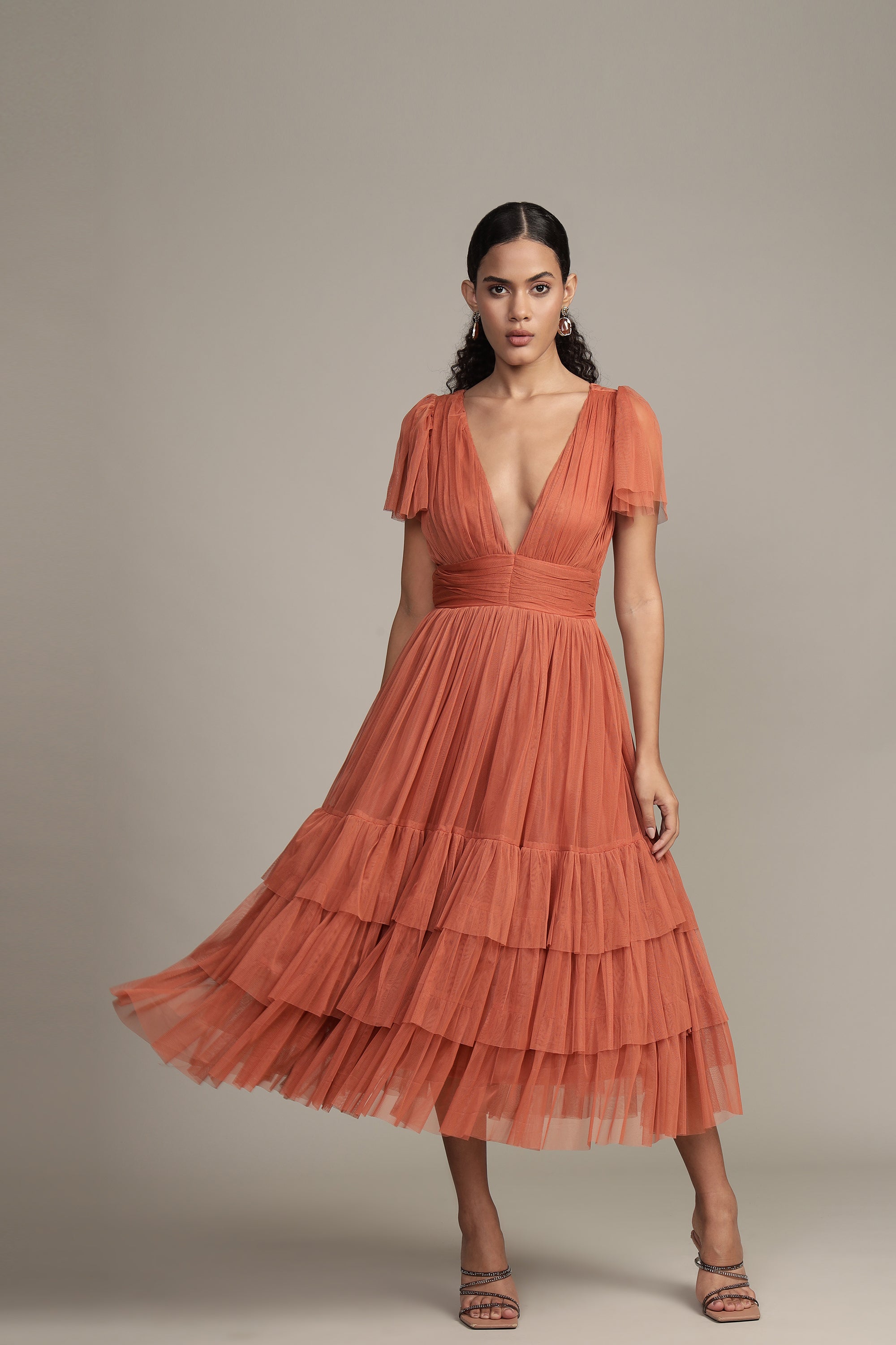 Madison Terracotta Pink Tulle Bridesmaid Midi Dress - Elegant Wedding Party Gown for Bridesmaids, Formal Events & Special Occasions