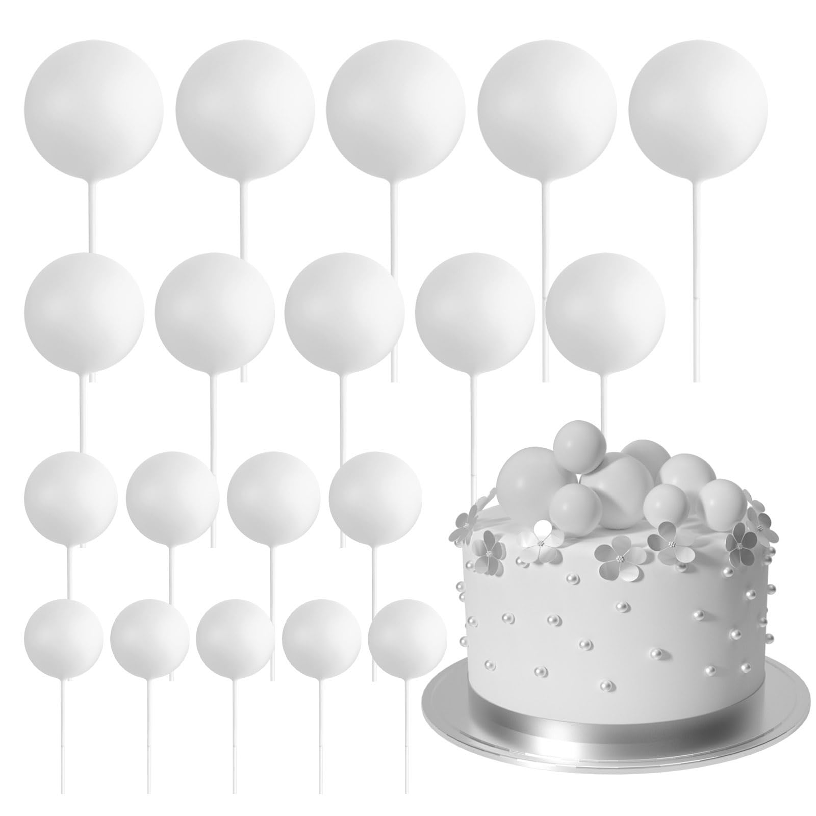 20-Piece White Ball Cake Toppers - Mini Balloon Cake Decorations with Sticks for Wedding, Birthday & Party Cakes | Elegant Cake Picks for Dessert Table Decorations