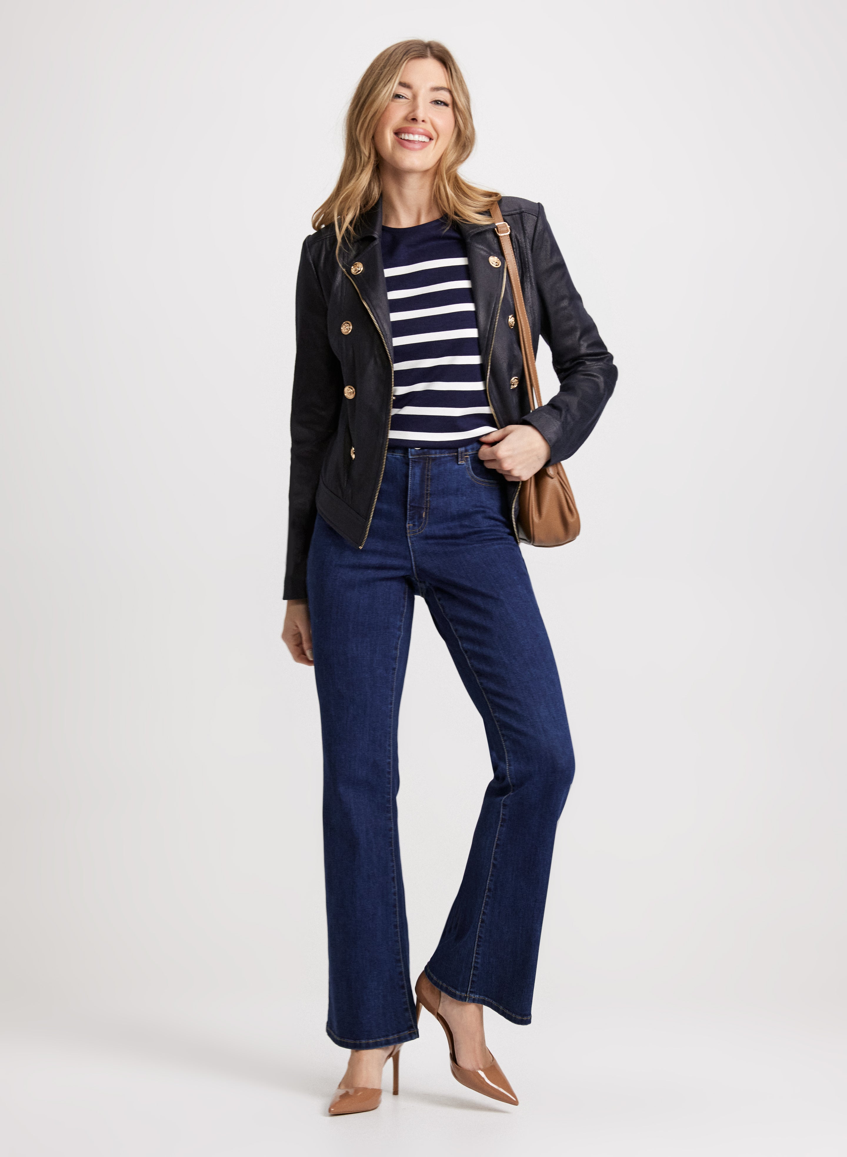 Faux Suede Jacket & Bootcut Jeans for Women - Trendy Vegan Leather Coat with Flared Denim Pants - Perfect for Casual Outfits, Date Nights and Fall Fashion
