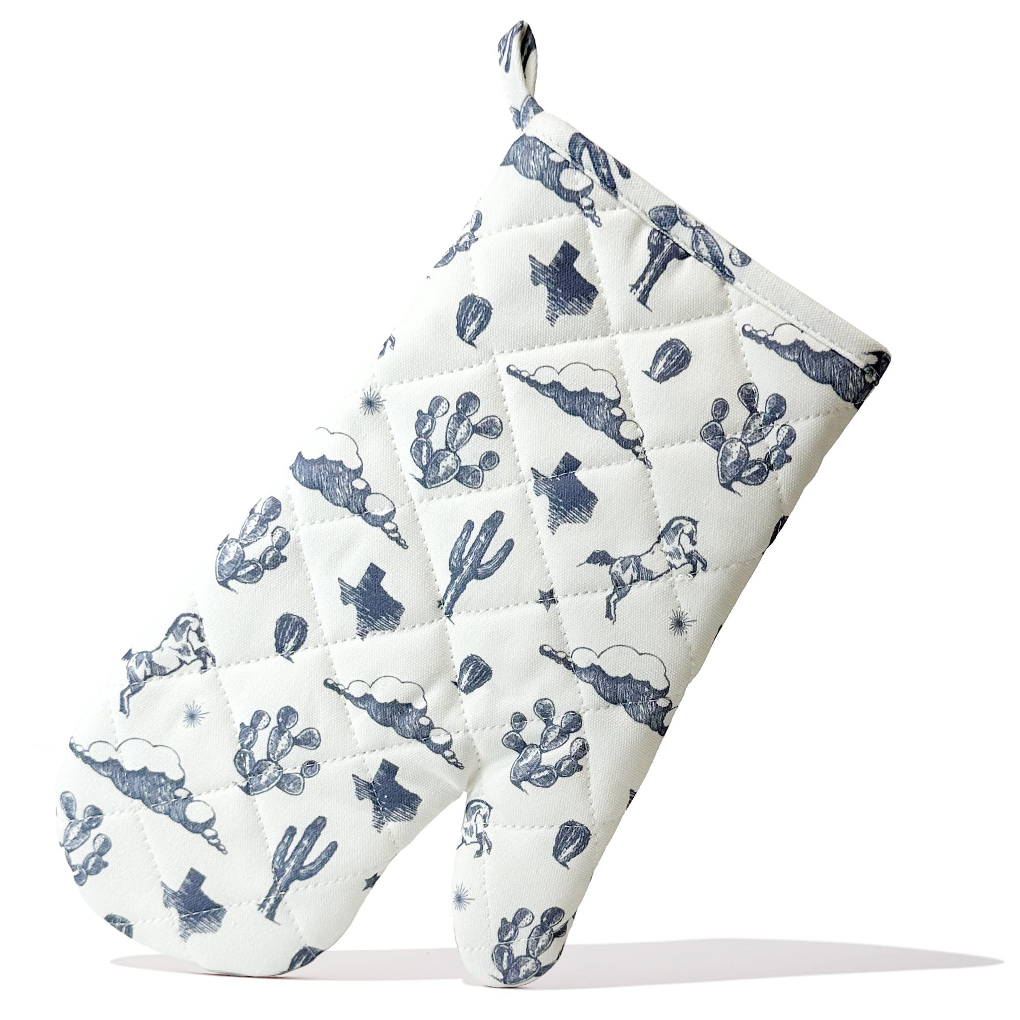 Texas Oven Mitt with Blue Horse Cactus Clouds & Sunburst Design - Heat Resistant Kitchen Glove for Baking, Grilling & Cooking - Perfect Texas Themed Gift for Home Chefs & Southwestern Decor Lovers