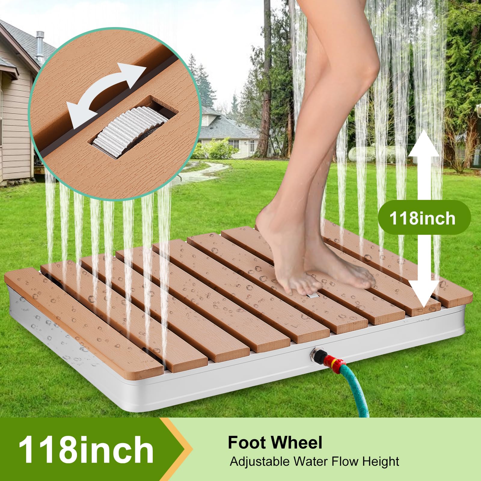 **Portable Outdoor Shower for Pool, Garden & Camping - Adjustable Height & Water Flow with Foot Wheel - Non-Slip Sauna & Water Play Shower for Adults & Kids (28” x 22”) - Perfect for Backyard, Beach & RV Trips**