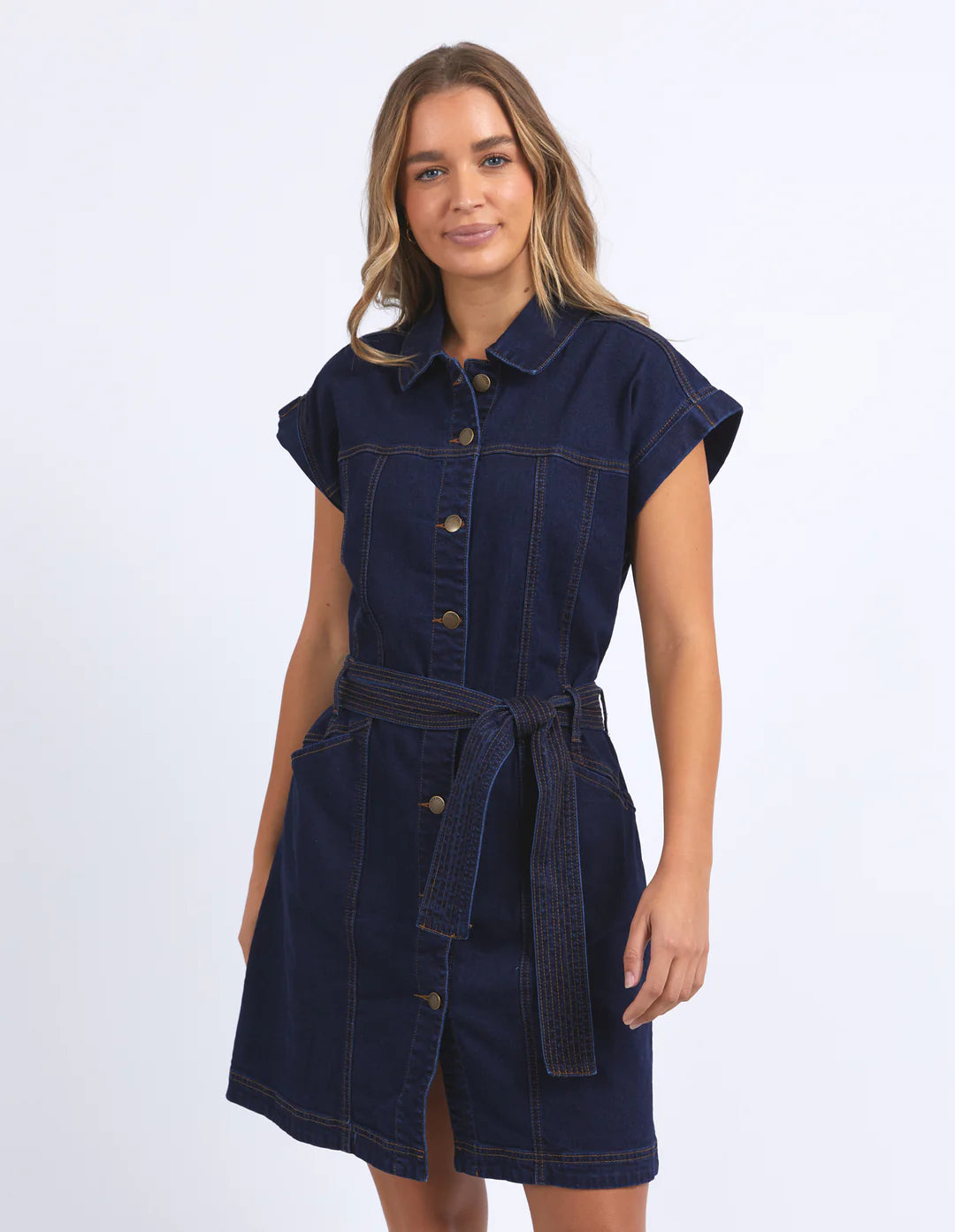 Heidi Dark Blue Denim Short Sleeve Mini Dress with Front Buttons - Casual Summer Outfit for Beach, Party & Date Night