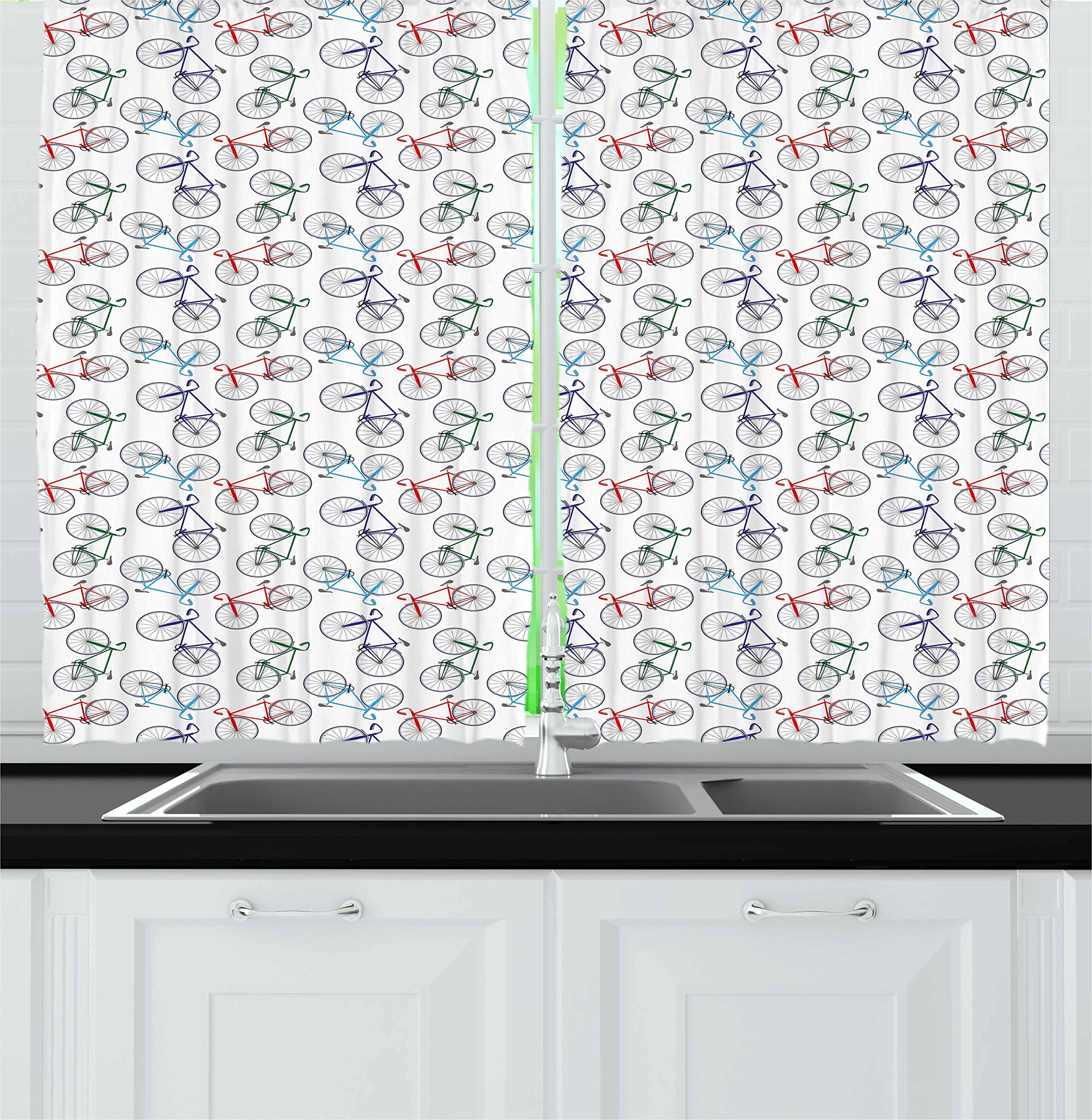 Ambesonne Bicycle Print Kitchen Curtains - Abstract Racing Bicycle Design in Vibrant Colors, 2 Panel Window Drapes for Kitchen & Cafe Decor (55
