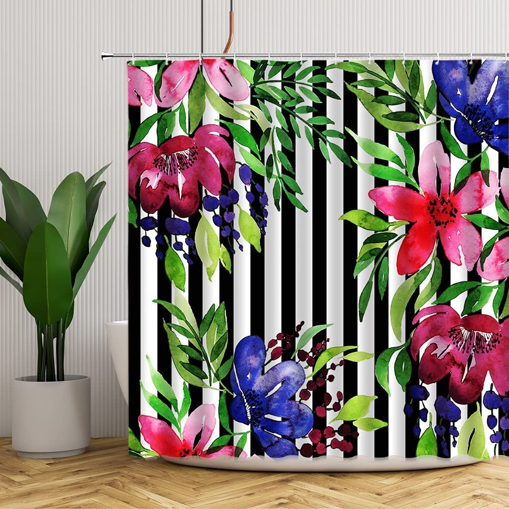 Black and White Striped Shower Curtain with Watercolor Red Lily & Blue Floral Green Leaves - Abstract Garden Blooming Flower Design - Polyester Bathroom Decor with Hooks - Perfect for Modern Bathrooms, Girls' Rooms & Boho Home Decor
