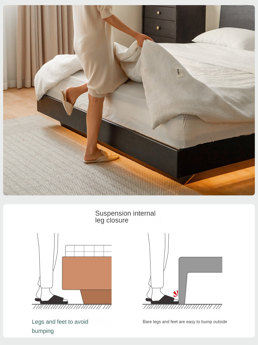 Solid Oak Wood Floating Platform Bed with LED Lights - Modern Smoky Finish for Bedroom, Guest Room, or Studio Apartment
