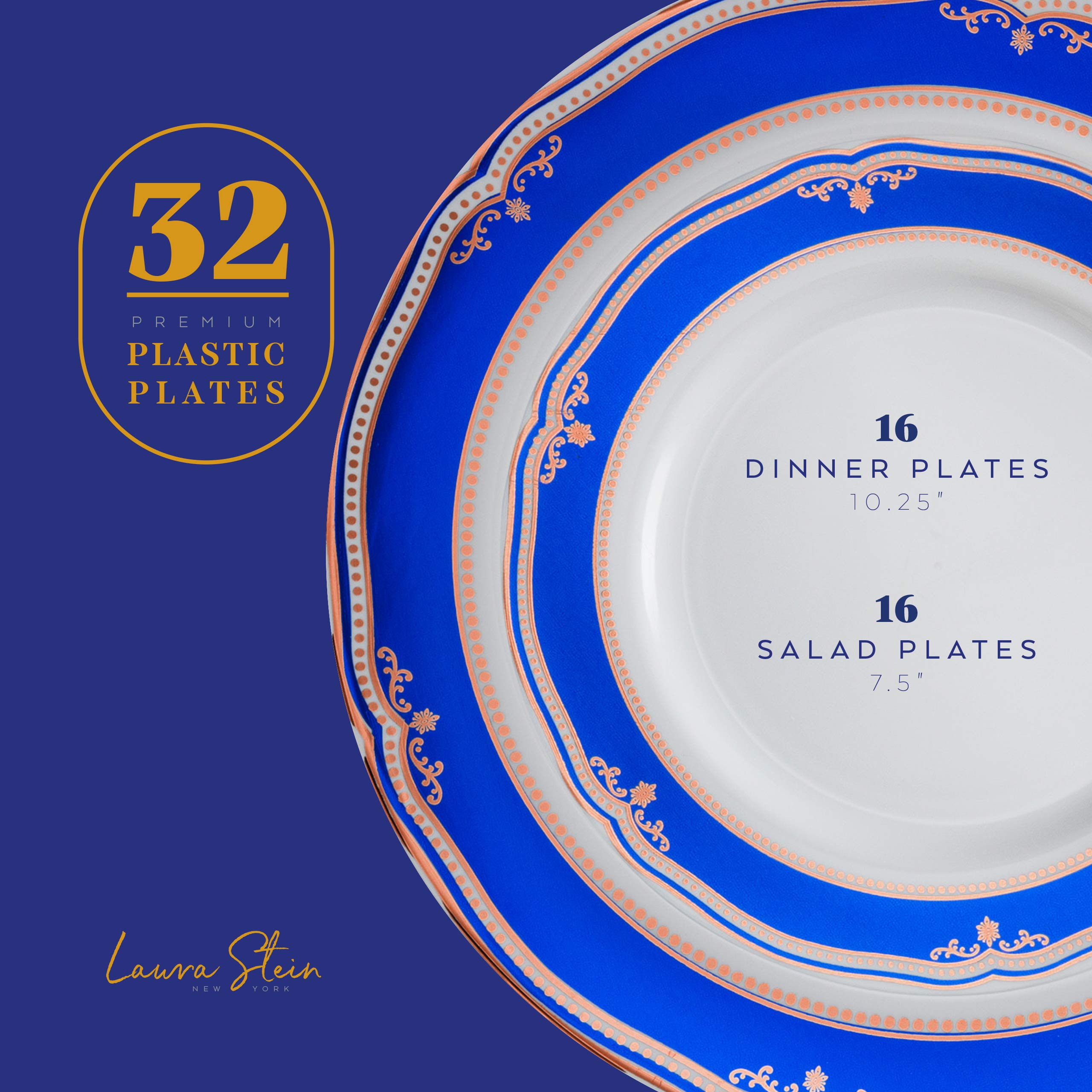 Laura Stein Elegant Disposable Dinnerware Set - 32-Piece White Plastic Party Plates with Blue Rim & Rose Gold Accents (16x10.75
