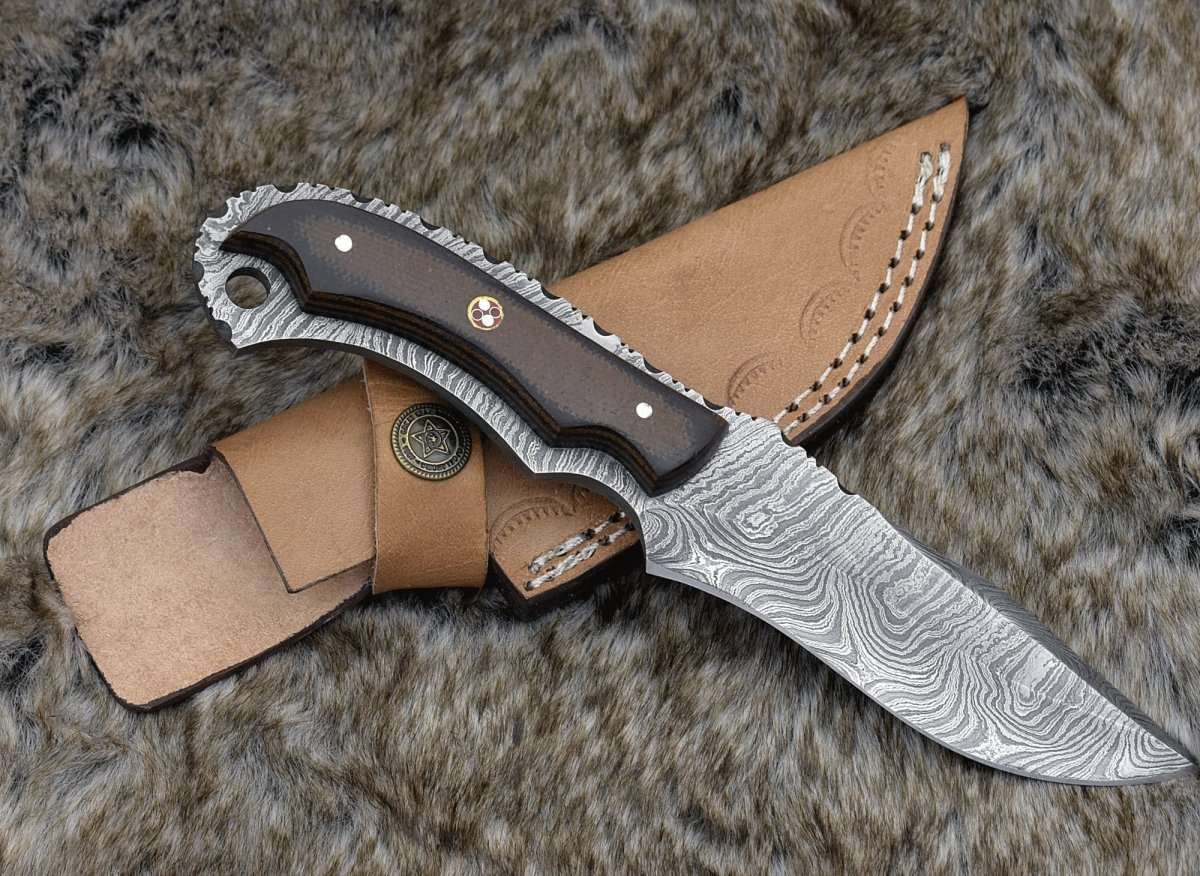 Premium Damascus Steel Skinning Knife with Micarta Handle - Hunting, Outdoor Survival & Bushcraft Essential Tool