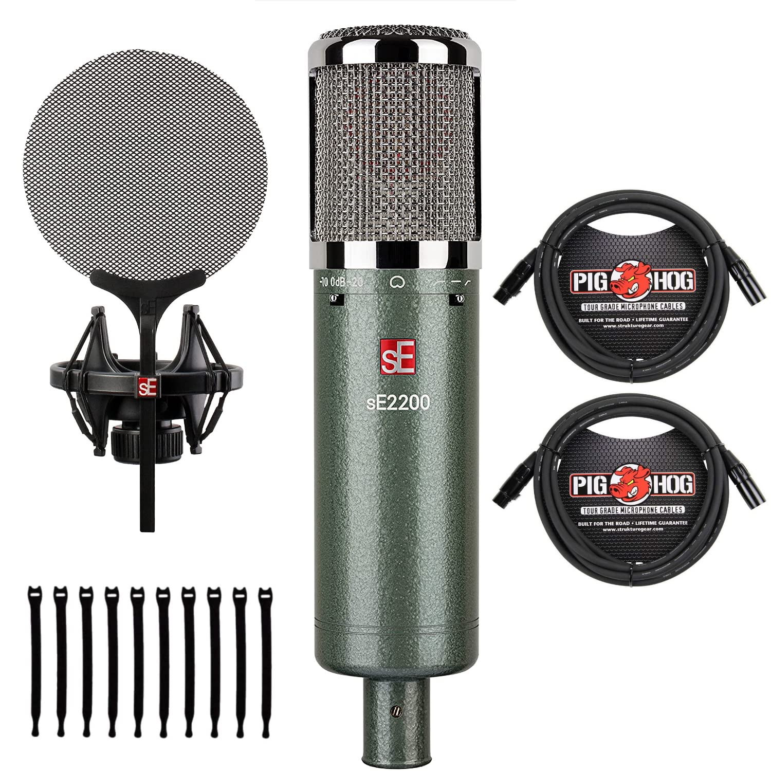 Briskdrop sE Electronics 2200 Large Diaphragm Condenser Microphone - Vintage Edition with 2 Pig Hog XLR Cables & 10 Cable Ties | Professional Studio Recording, Podcasting & Voice Over Equipment