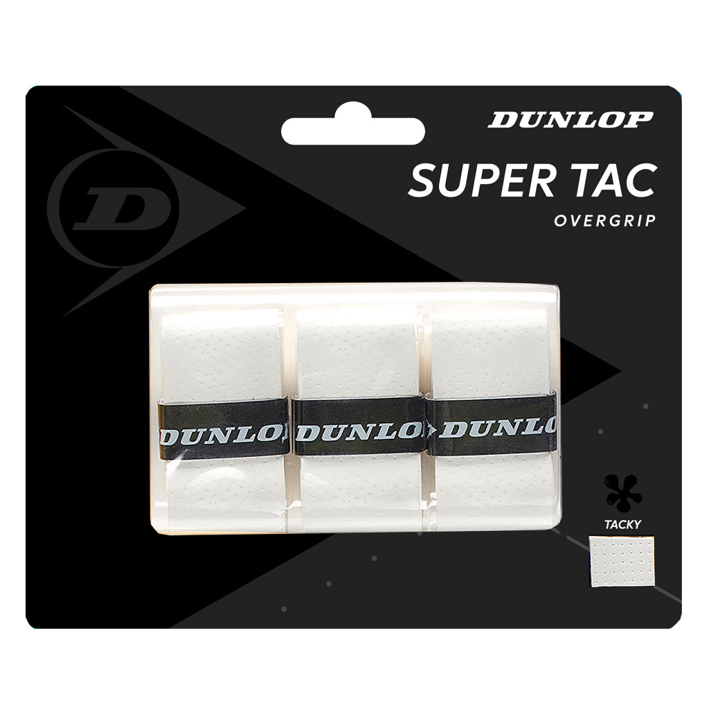 Dunlop Super Tac Overgrip 3 Pack (White) - Premium Tennis Grip for Enhanced Control & Sweat Absorption - Perfect for Tennis, Badminton & Racquetball Players