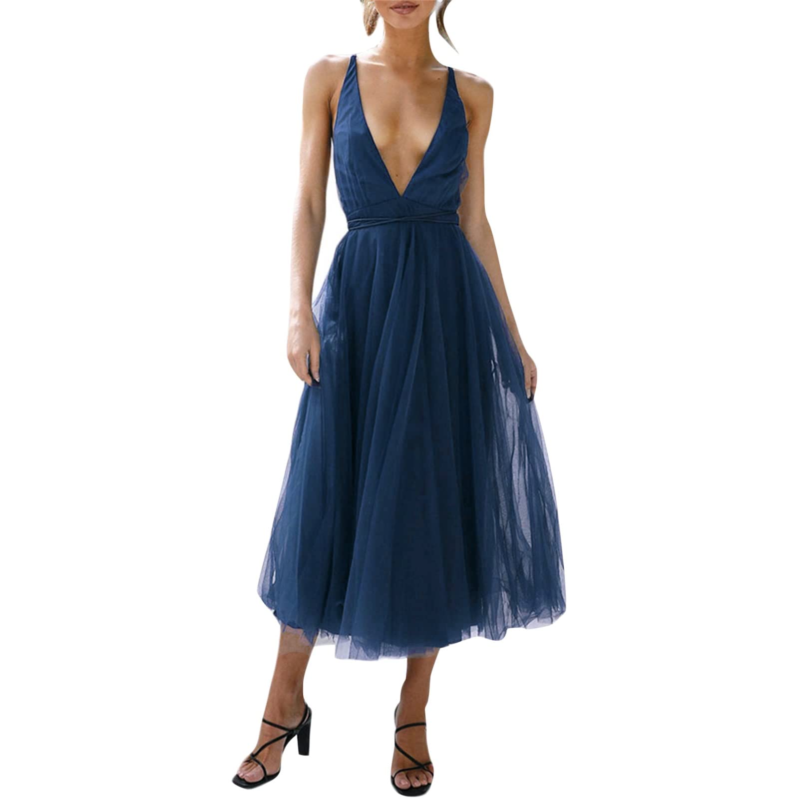 Elegant Women's Deep V-Neck Tulle Party Dress - Spaghetti Strap Backless Cocktail Midi Dress for Wedding, Prom & Special Occasions | Flowy A-Line Formal Gown for Evening Events & Date Nights