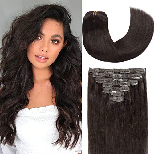 Caliee Clip-in Human Hair Extensions - Dark Brown 22 Inch 7pcs (140g) Double Weft Lace, Seamless & Natural for Everyday Styling & Special Occasions
