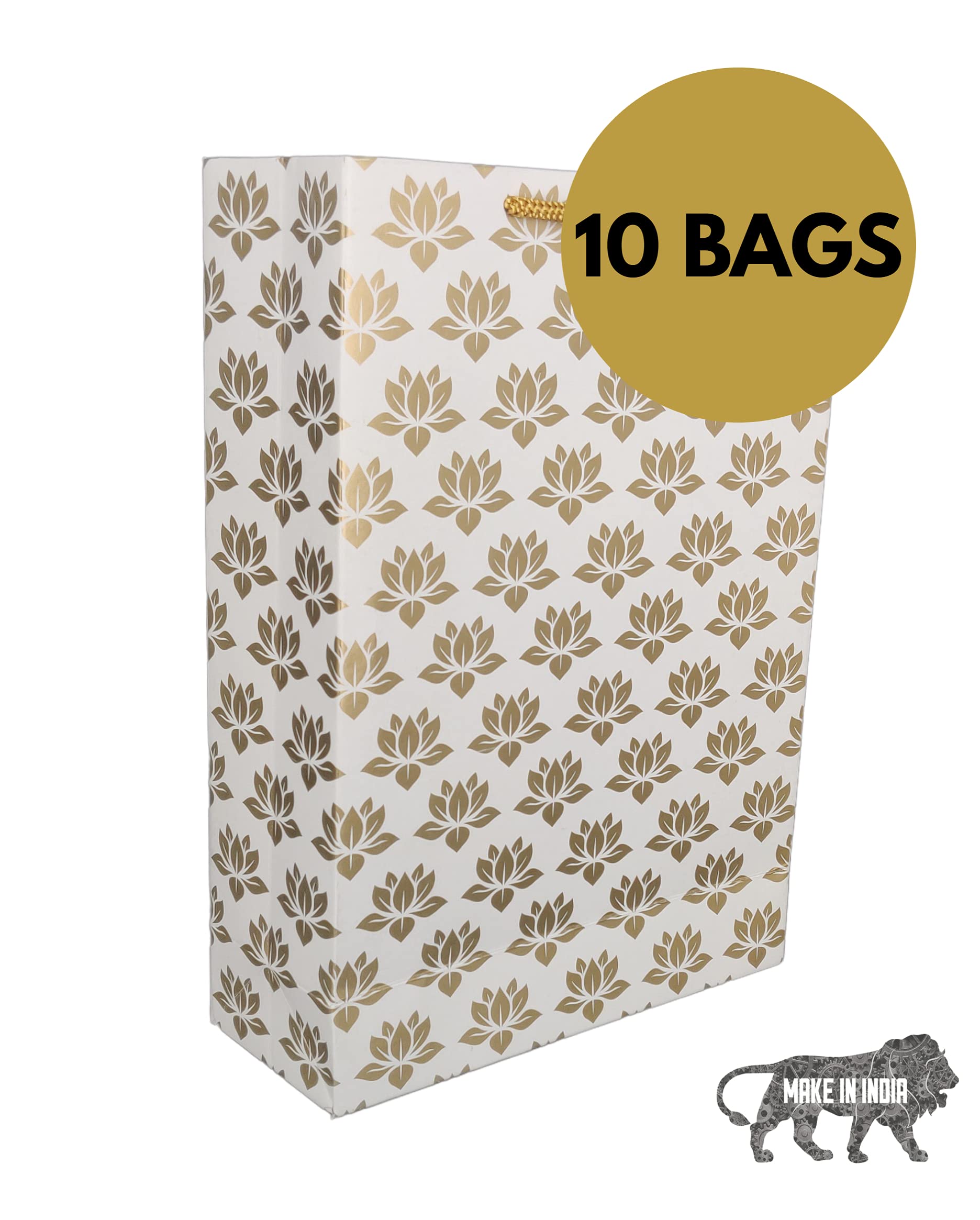 Golden Lotus Gift Bags for Weddings, Birthdays & Holidays - Pack of 10