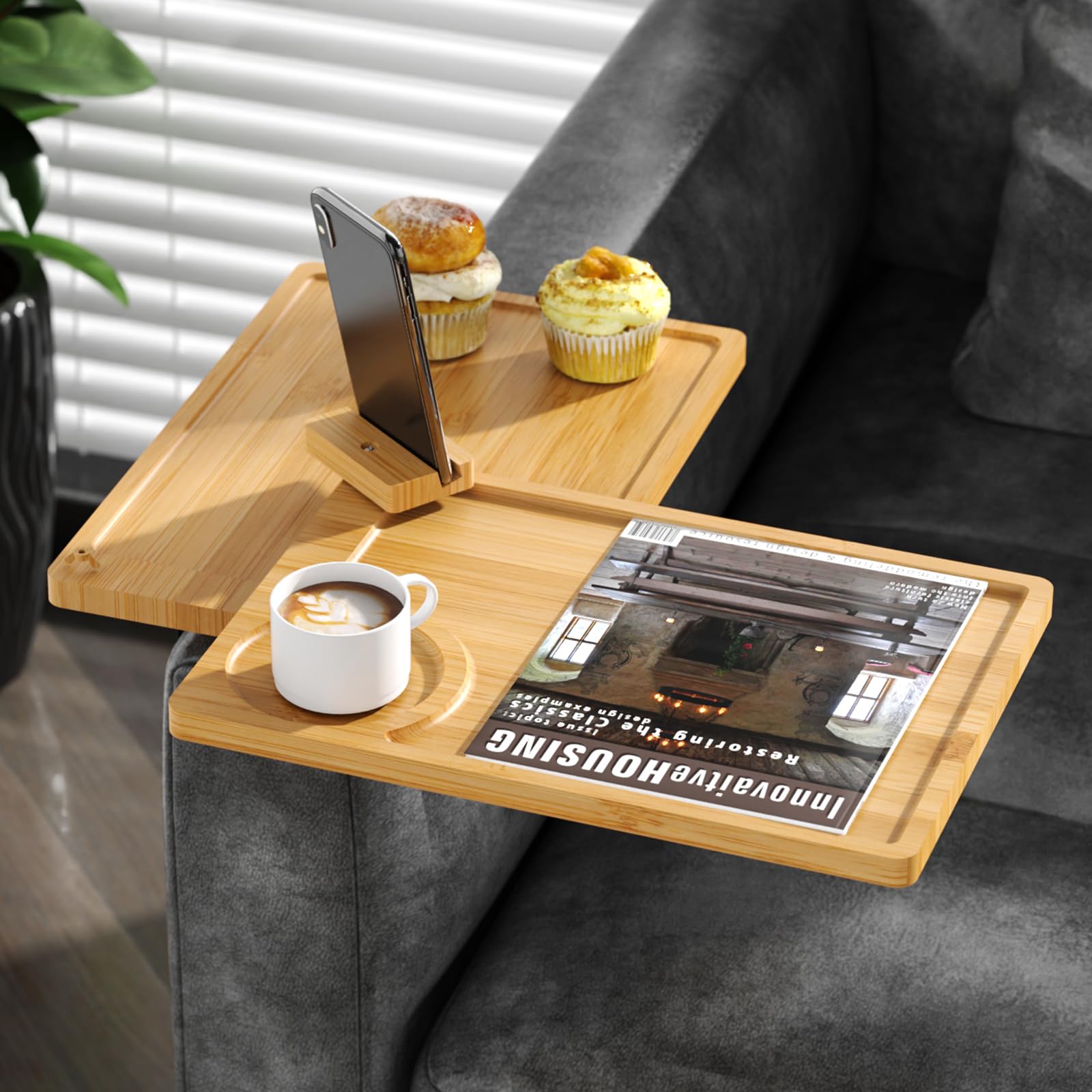 NiHome 2 Tier Rotatable Bamboo Sofa Armrest Tray - Adjustable Couch Side Table with Cup Holder & Phone Stand, Stable Metal Base for Straight-Arm Couches, Waterproof & Durable (Yellow) - Perfect for Living Room, Bedroom, Office & Reading Nook