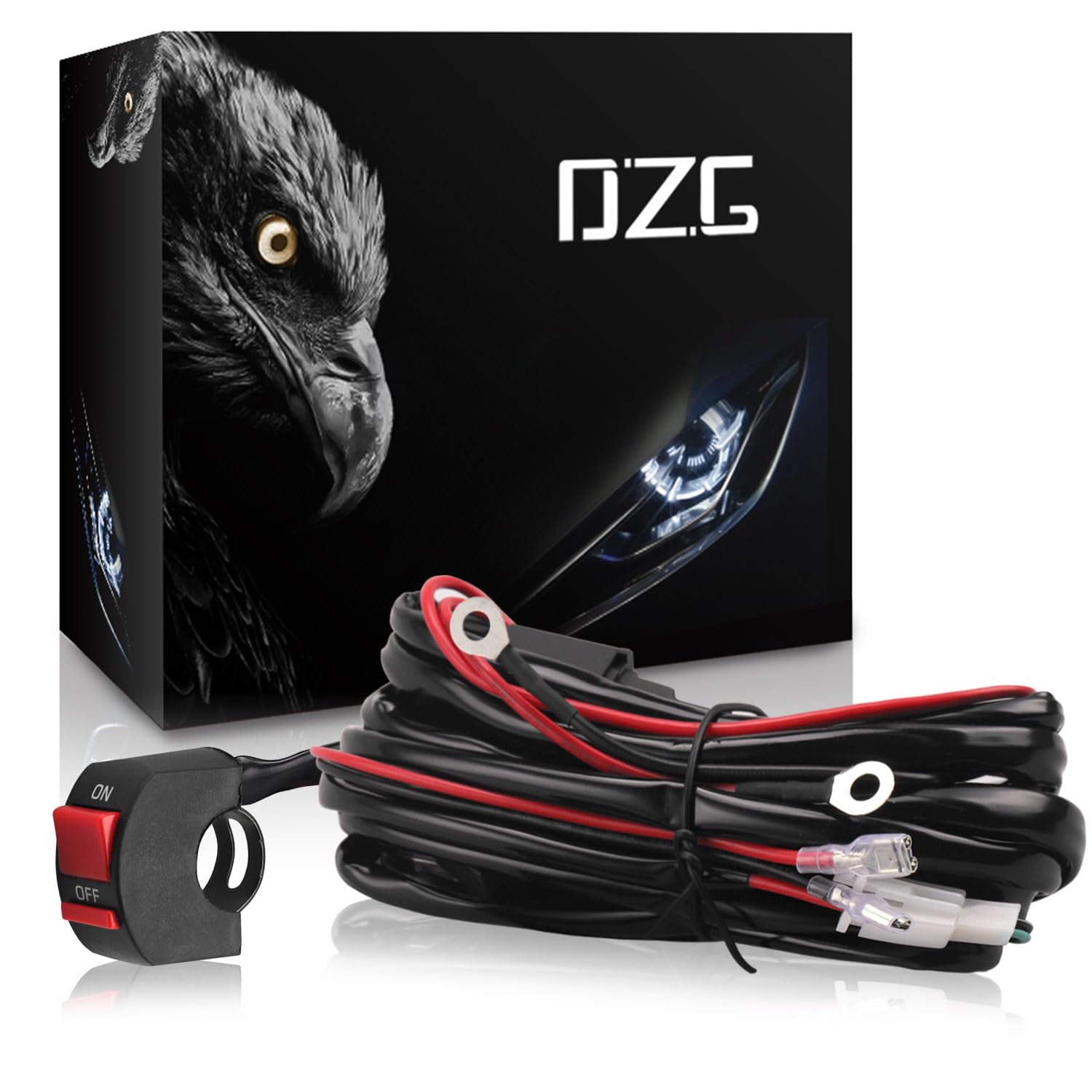 DZG Motorcycle LED Light Wiring Harness Kit 12V 2 Leads 30A Fuse 40A Relay ON/Off Switch 18AWG - Compatible with Fog Lights, Light Bars, Driving & Auxiliary Work Lights - Perfect for Off-Road, Night Riding & Emergency Vehicles