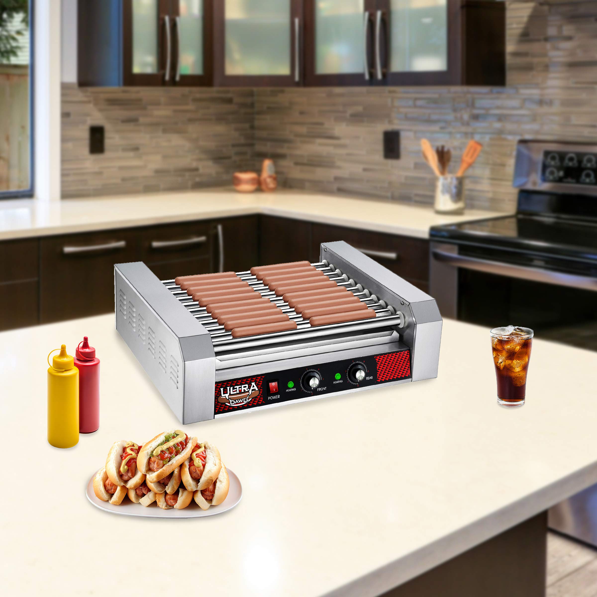 Premium Hot Dog Grill with 11 Stainless Steel Rollers - Cook 30 Hot Dogs or Sausages Simultaneously | Great Northern Popcorn 876071RCM | Perfect for Backyard BBQs, Parties & Outdoor Events
