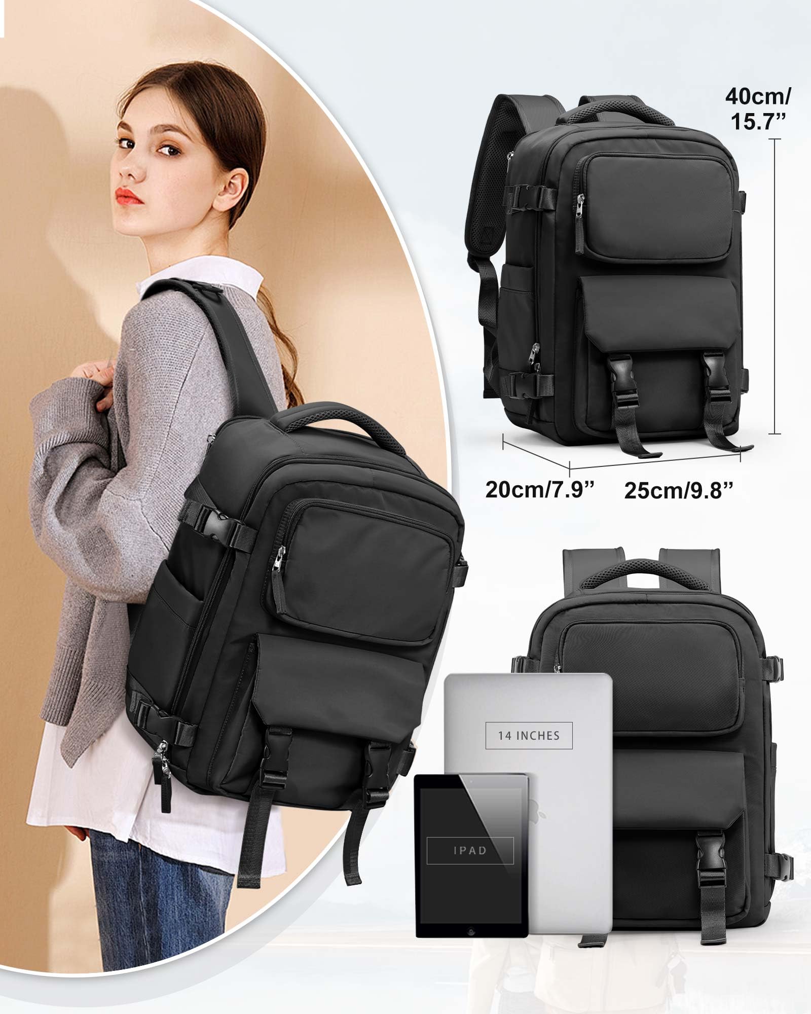 Lightweight Black Travel Backpack for Women & Men - TSA Approved Carry-On Flight Backpack, Casual Daypack & Hiking Rucksack with Laptop Compartment - Perfect for Business Trips, Air Travel & Outdoor Adventures