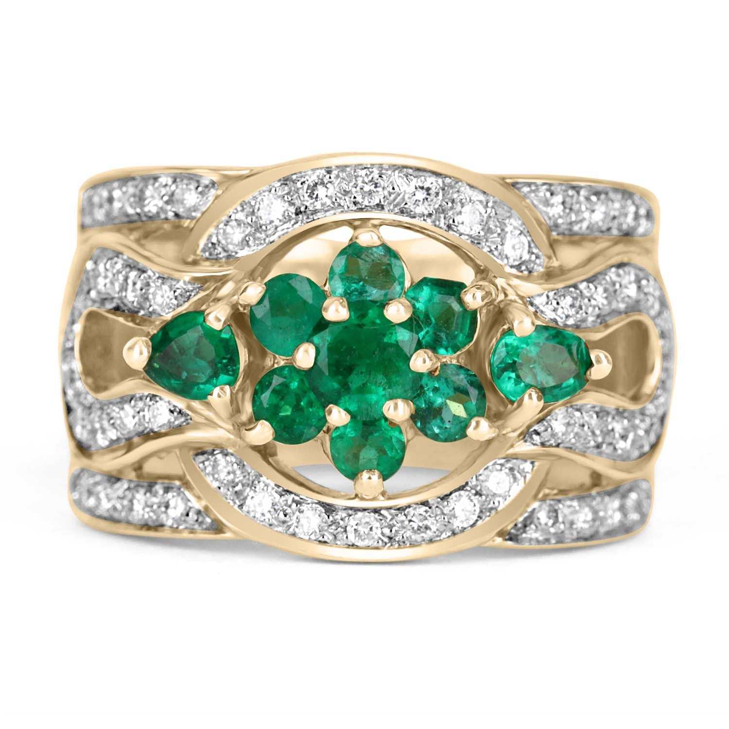 2.07tcw Genuine Emerald & Diamond Wide Band Ring in 18K Gold - Elegant Wedding, Anniversary, or Gift Jewelry for Women
