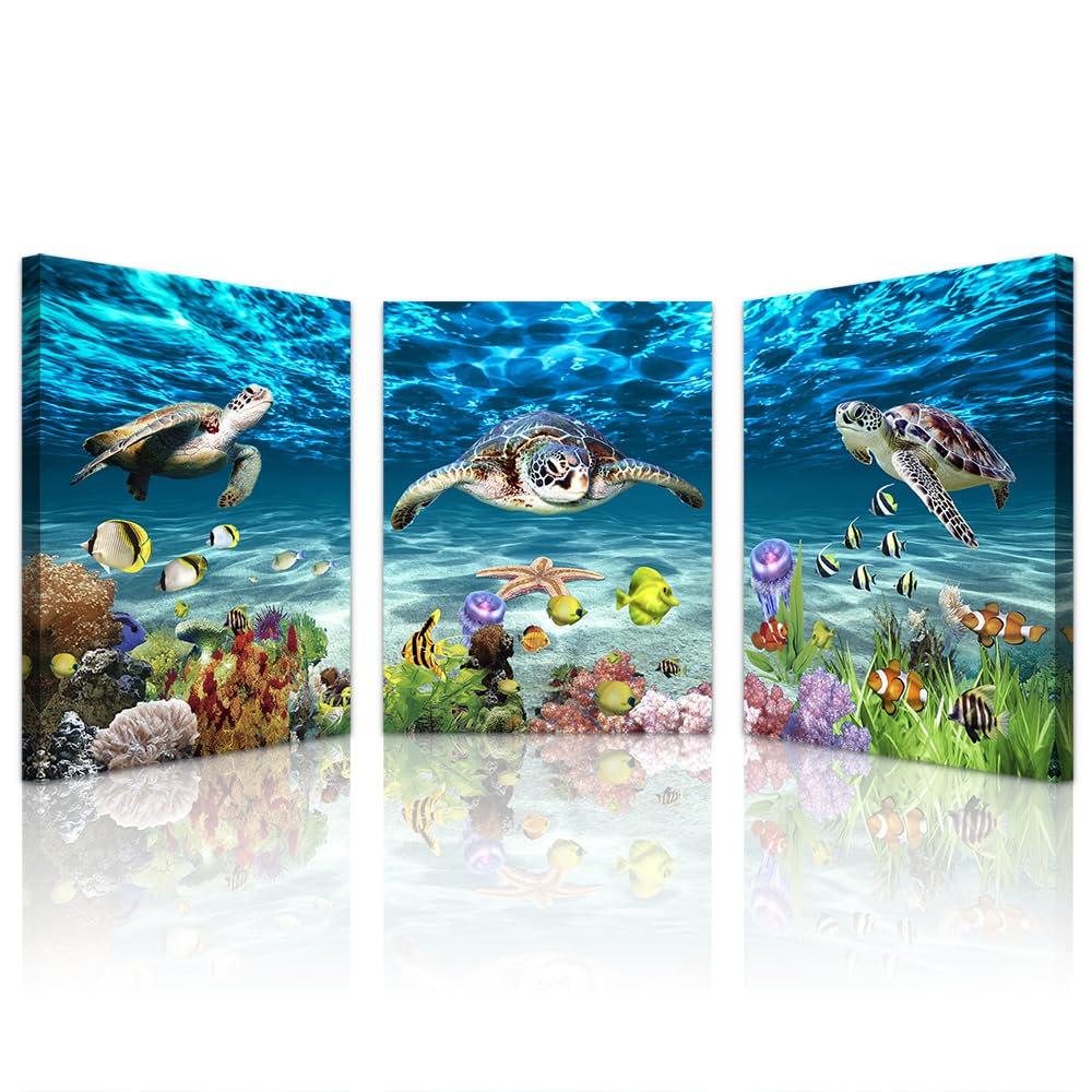 Lapremoly Canvas Wall Art - 3 Piece Ocean Sea Turtle Scenery Paintings for Bedroom, Living Room, Bathroom & Office Decor | Modern Ready-to-Hang Wall Decor for Home & Family | Perfect for Coastal, Beach House & Nature-Themed Interior Design
