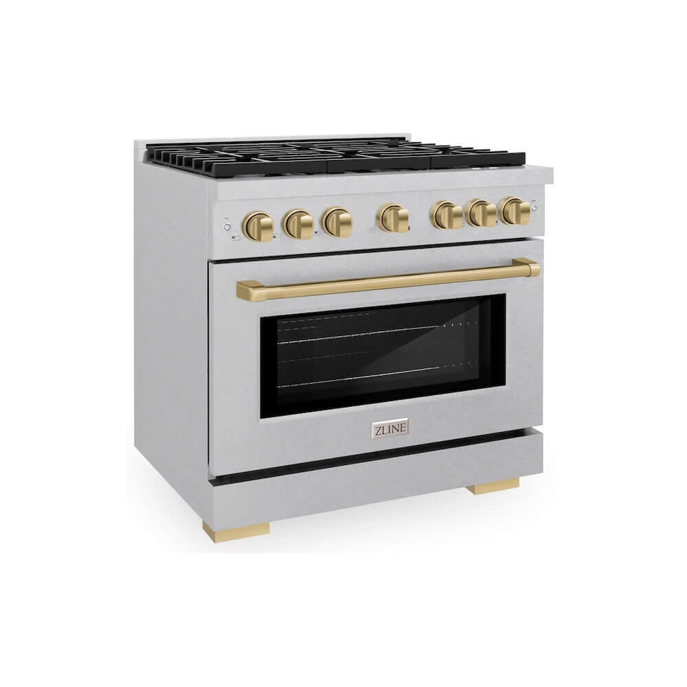 ZLINE Autograph Edition 36-inch 5.2 cu. ft. Paramount Gas Range with 6 Burner Cooktop & Convection Gas Oven - Satin Stainless Steel with Champagne Bronze Accents (SGRSZ 36 CB) - Perfect for Professional Home Chefs & Modern Kitchens