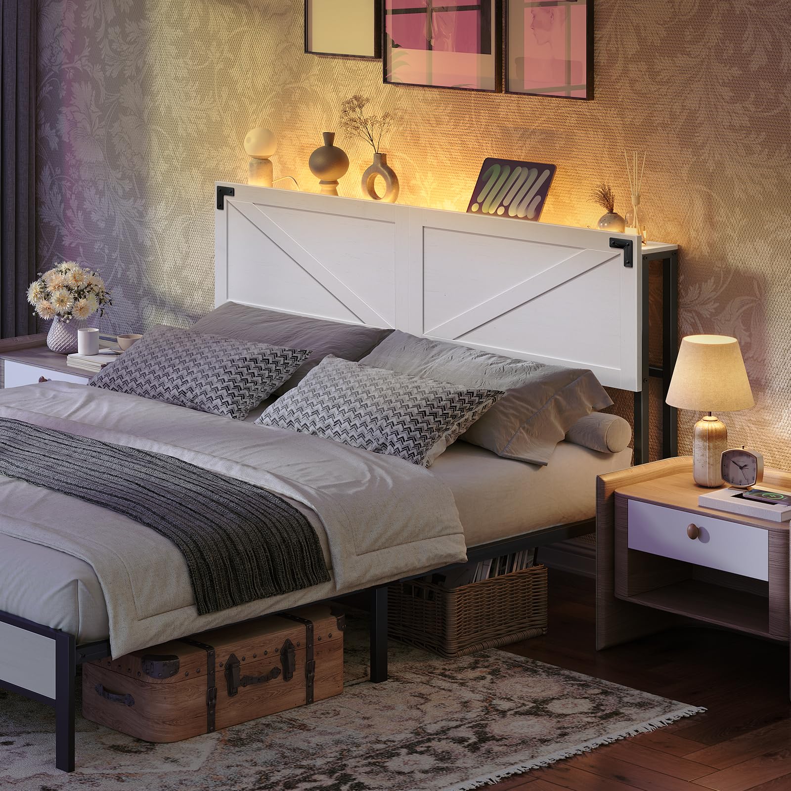 Queen Size Headboard with 2 Outlets & 4 USB Ports - Farmhouse Style LED Headboard with Secure Storage & Bed Frame Adapter - White & Black - Perfect for Bedroom Upgrade & Modern Farmhouse Decor
