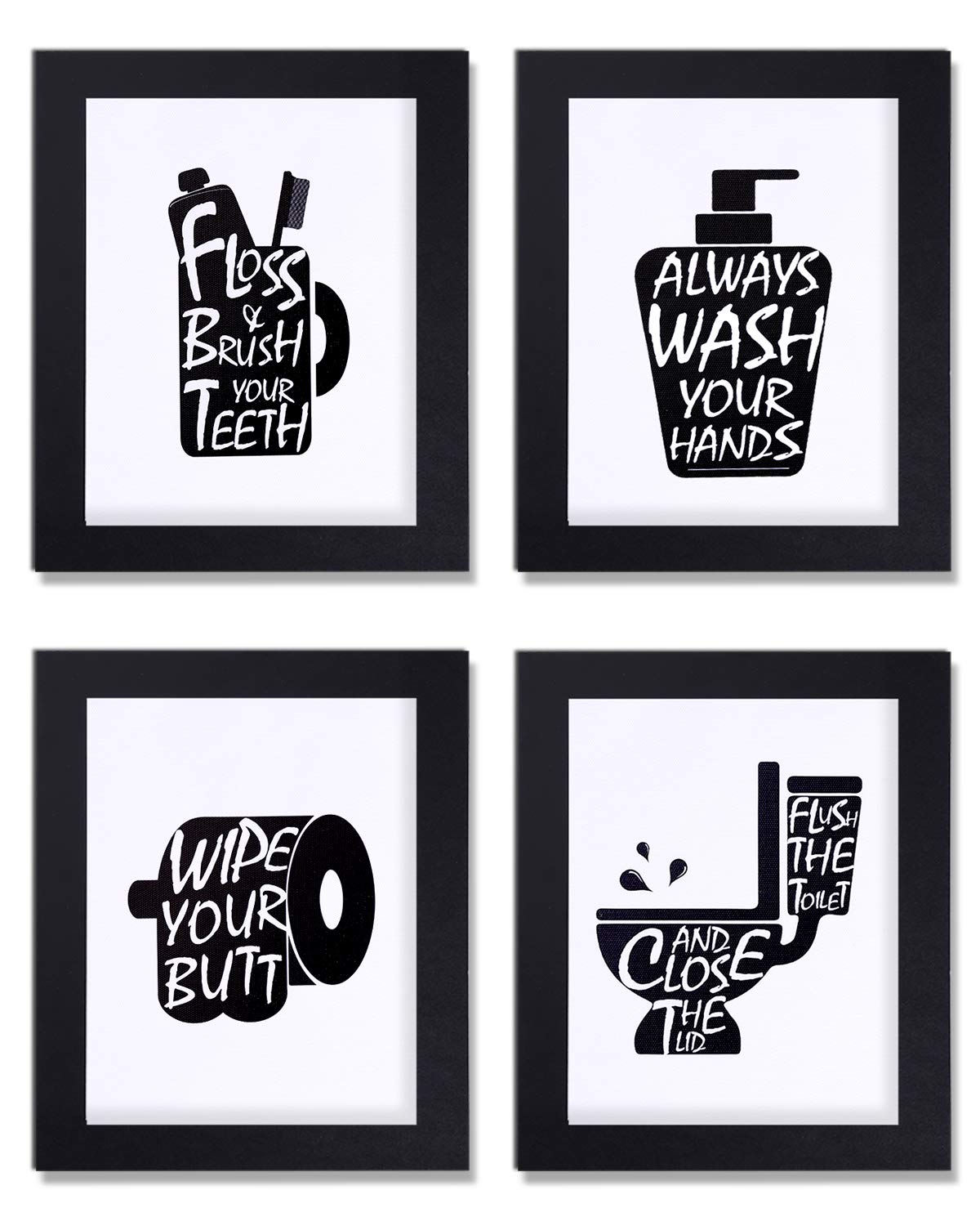 Funny Bathroom Wall Art Prints 8x10in - Set of 4 Black & White Signs for Bathroom Decor