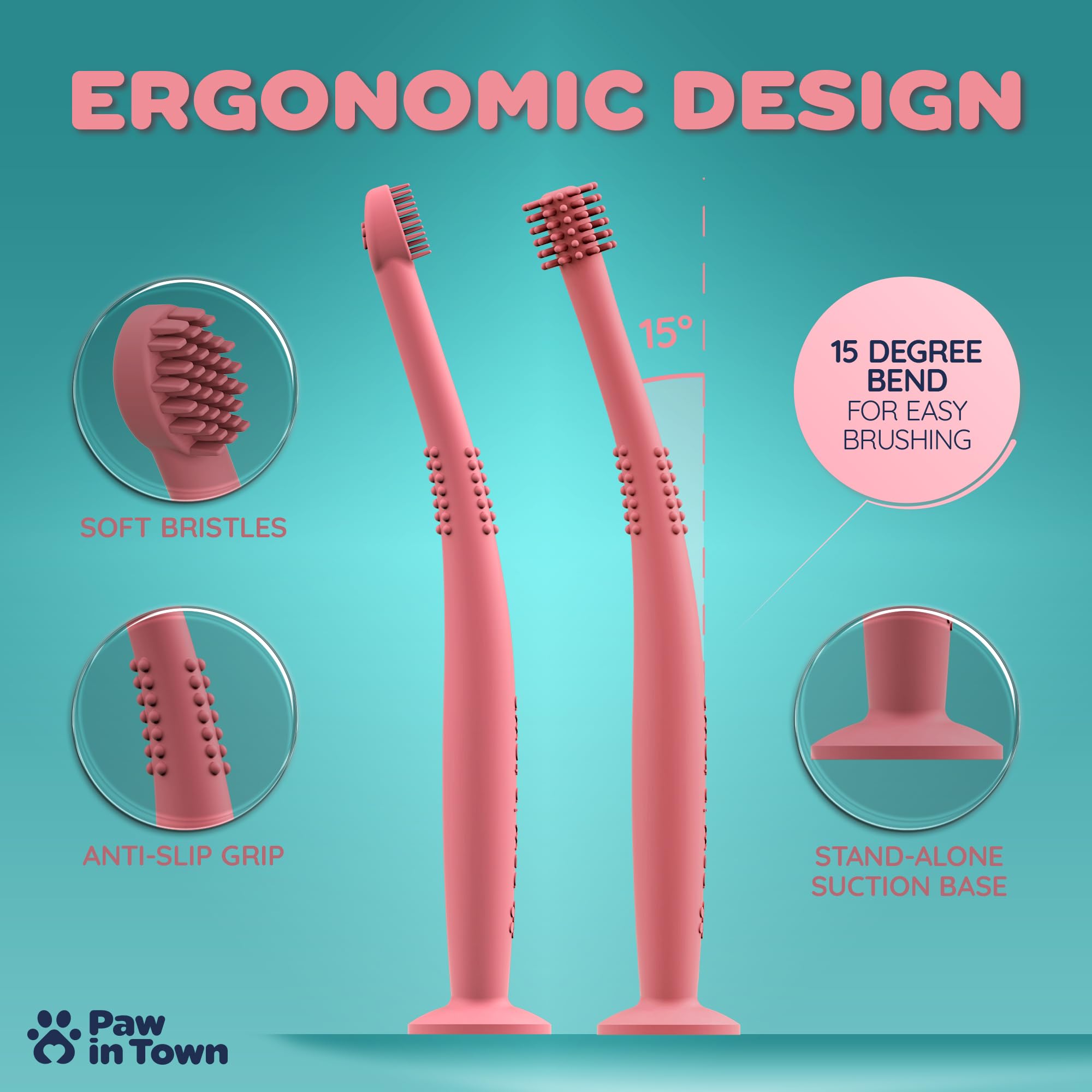 PAWINTOWN Soft Cat & Dog Toothbrush Set – Food Grade Silicone Pet Dental Care Kit for Teeth Cleaning – Gentle Brushing for Cats & Small Dogs – Perfect for Daily Oral Hygiene & Fresh Breath (Blushing Flamingo)