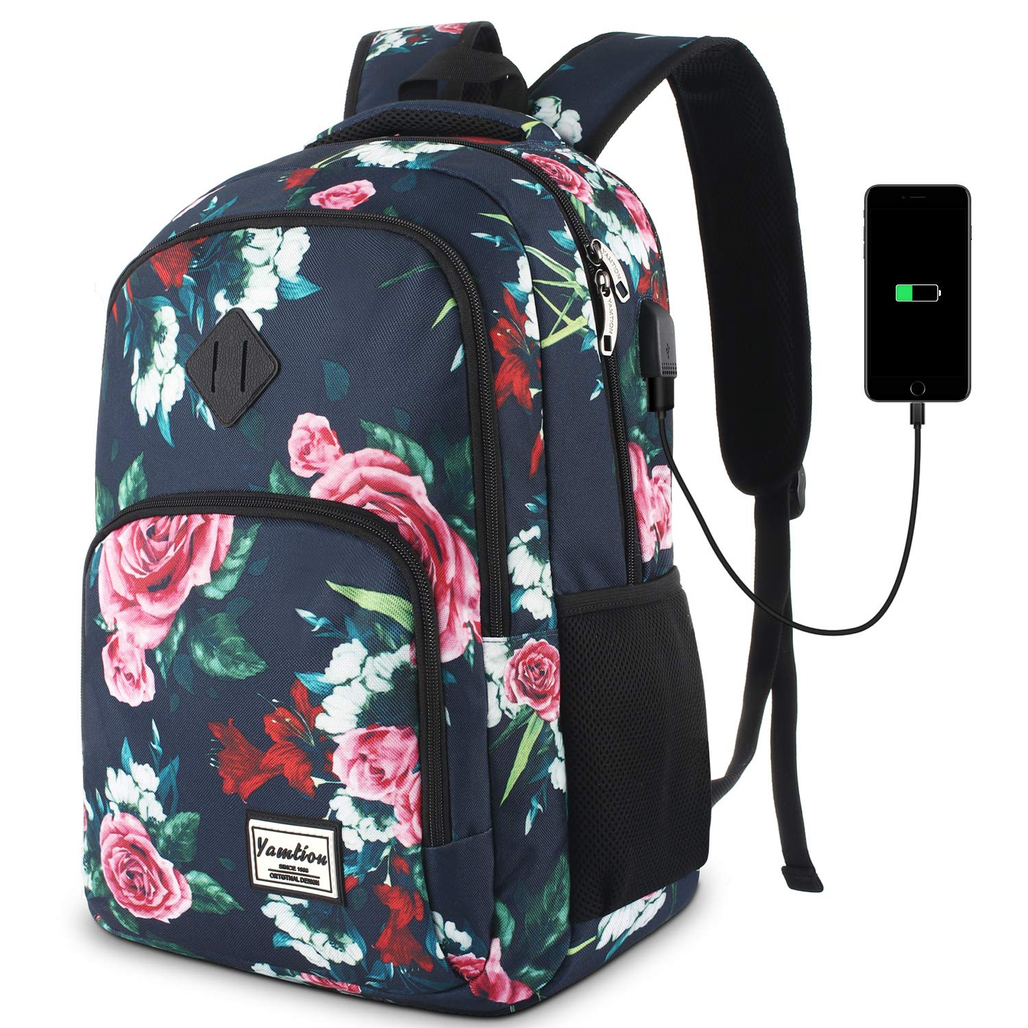 Stylish Waterproof Backpack for Teen Girls & Women - USB Charging Port, Large Capacity School & College Backpack with Floral Design - Perfect for School, Travel, and Daily Commute