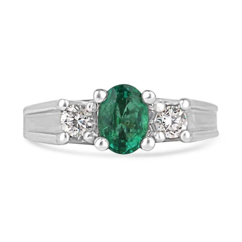 1.50tcw 14K White Gold Oval Emerald & Diamond Three Stone Right Hand Ring for Women - Elegant Jewelry Gift for Anniversary, Birthday & Special Occasions