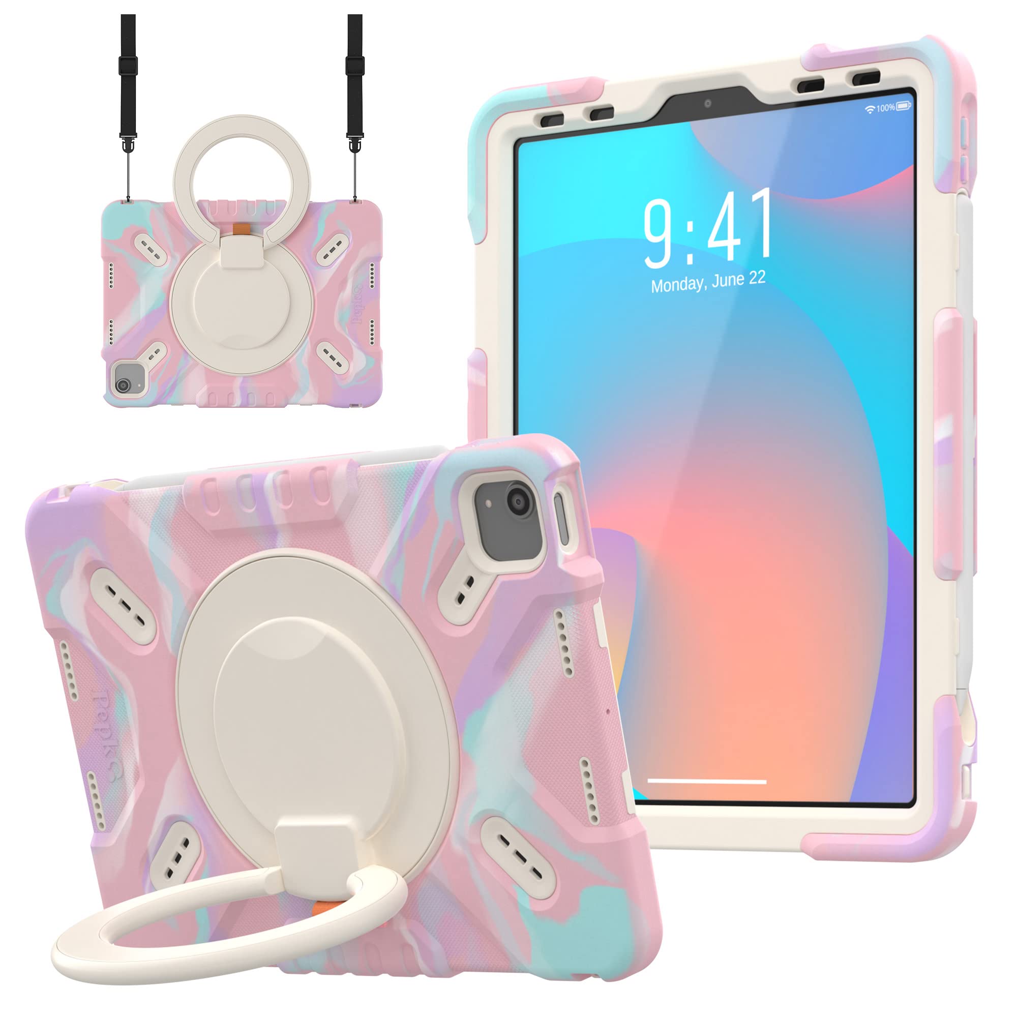 Shockproof iPad Air 5th/4th Gen (10.9 inch 2022/2020) & iPad Pro 11 Case (2022-2018) - Kids Protective Cover with Kickstand & Shoulder Strap | Perfect for School, Travel & Outdoor Activities (M-Pink)