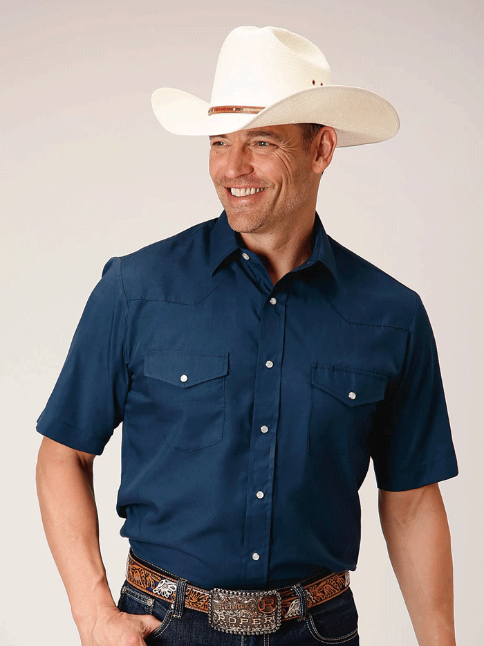 Roper Men's Short Sleeve Solid Broadcloth Western Shirt - Navy Blue | Comfortable Casual & Work Shirt for Cowboy Style, Outdoor Activities, and Western Fashion