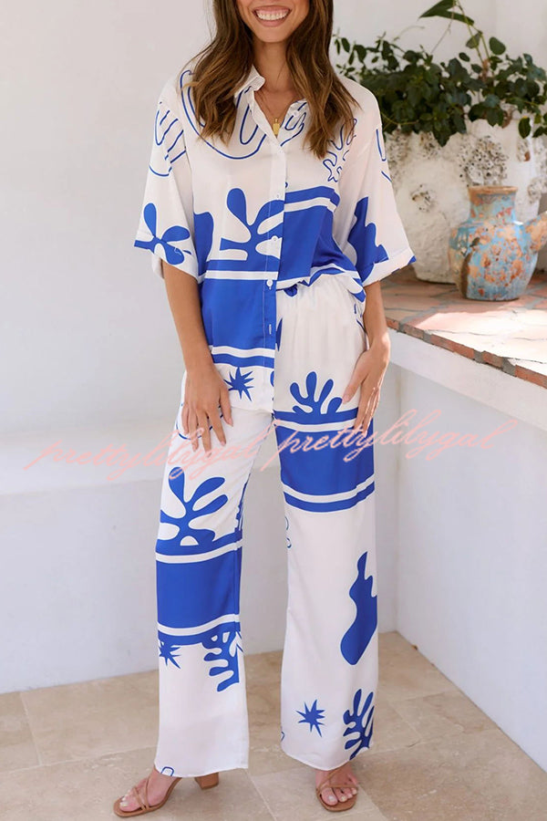Stylish Color Block Print Button Up Shirt & Elastic Waist Pants Set for Women | Beach Outfit, Summer Vacation, Casual Wear
