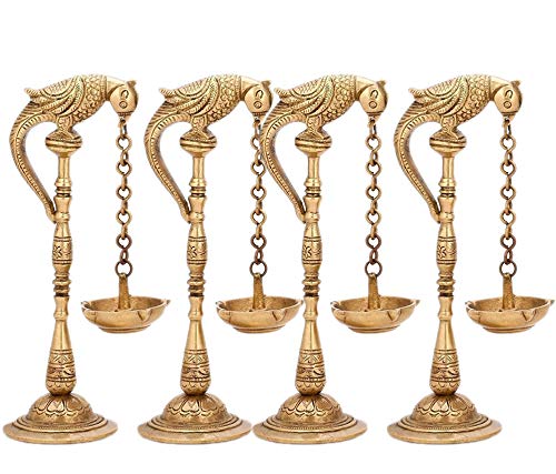 Brass Bird Diya Oil Lamp Stand - Hindu Puja Religious Decor, Feng Shui Gift & Home Temple Hanging Diya with Chain (Set of 4) - Perfect for Festivals, Meditation & Spiritual Decorations