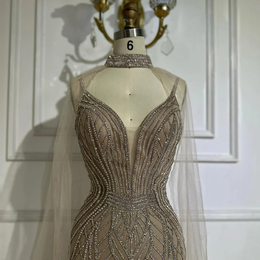 Luxury Dubai Saudi Caramel Mermaid Arabic Evening Dresses with Beaded Cape Sleeves - Formal Gowns for Weddings, Galas & Special Occasions LA72852